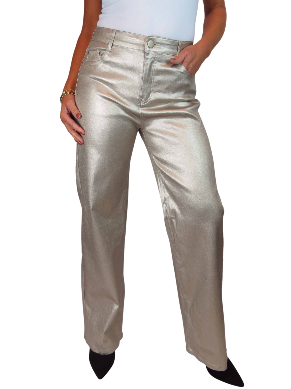 Wide Leg Coated Leather Look Jeans Gold