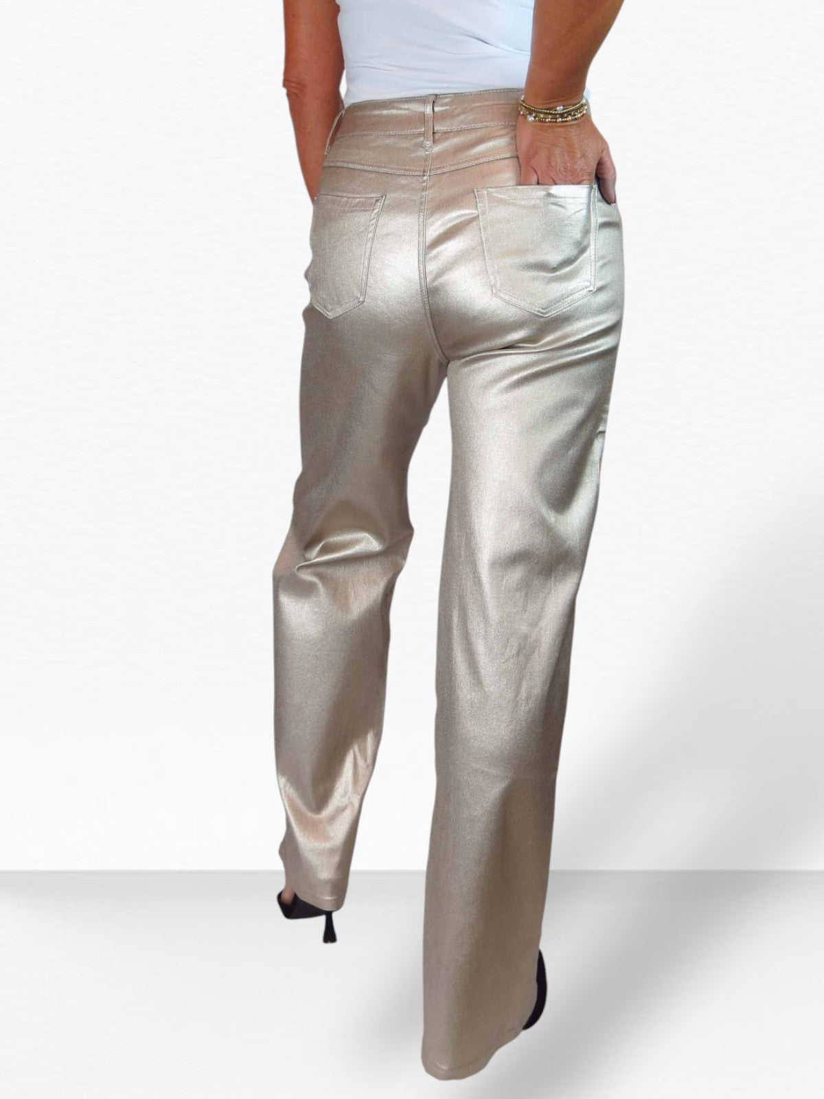Wide Leg Coated Leather Look Jeans Gold