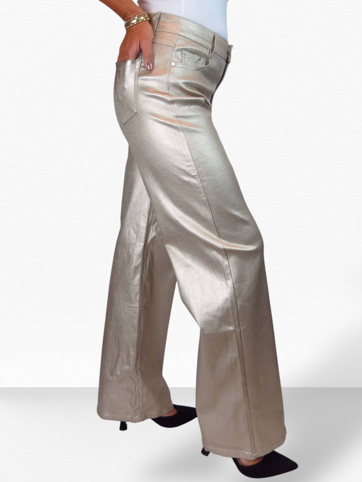 Wide Leg Coated Leather Look Jeans Gold
