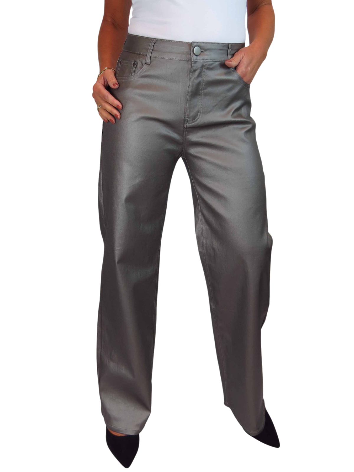 Wide Leg Coated Leather Look Jeans Pewter
