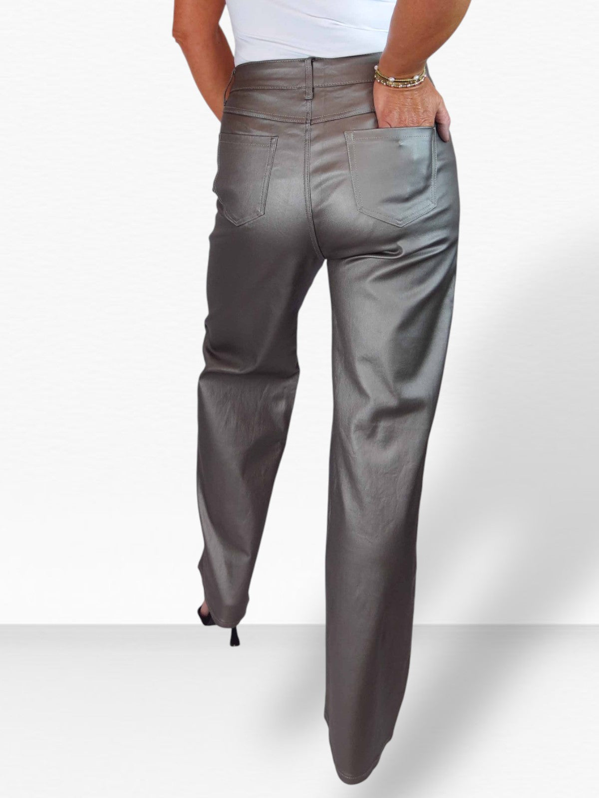 Wide Leg Coated Leather Look Jeans Pewter
