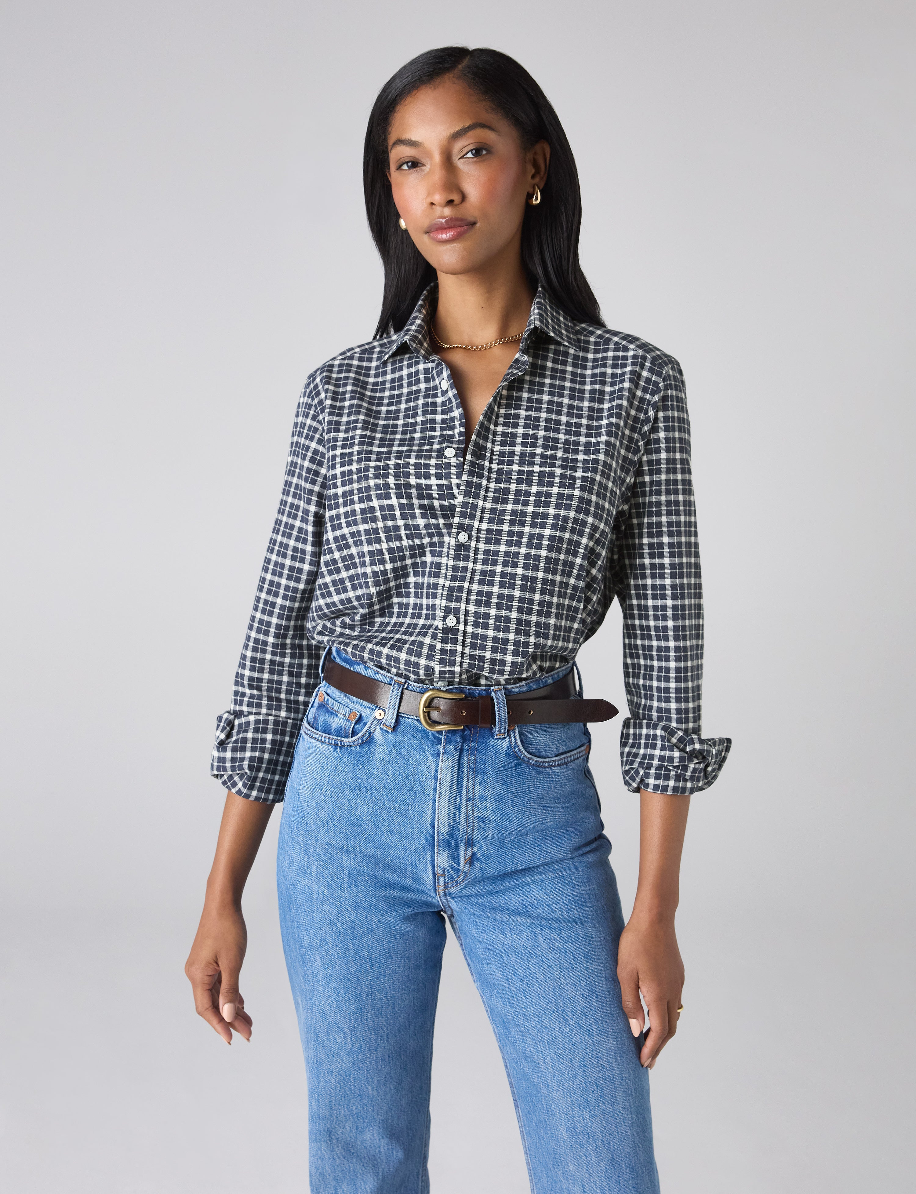 The Classic: Fine Brushed, Navy Blue Check