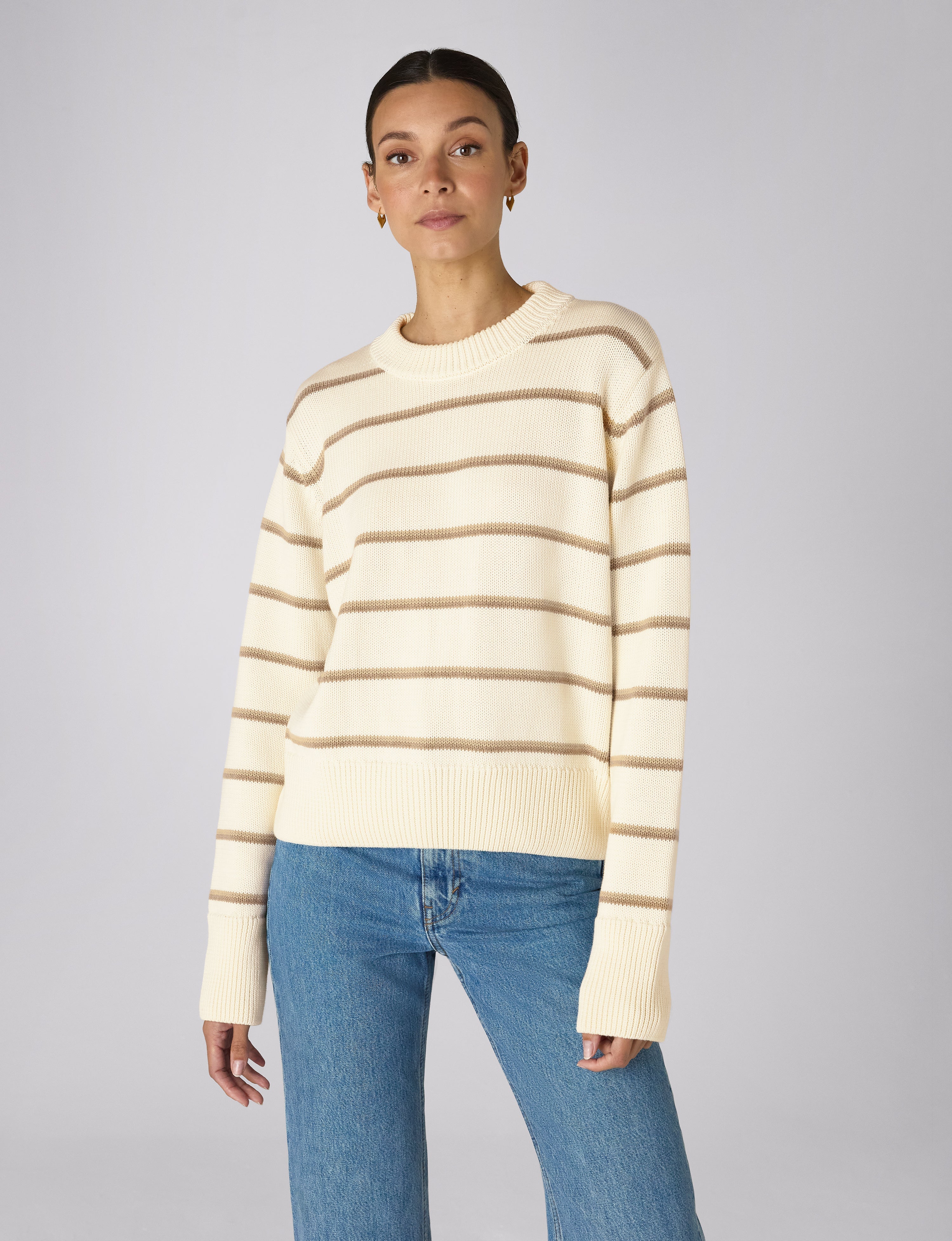 Devon Jumper: Cotton, Ecru and Latte Stripe