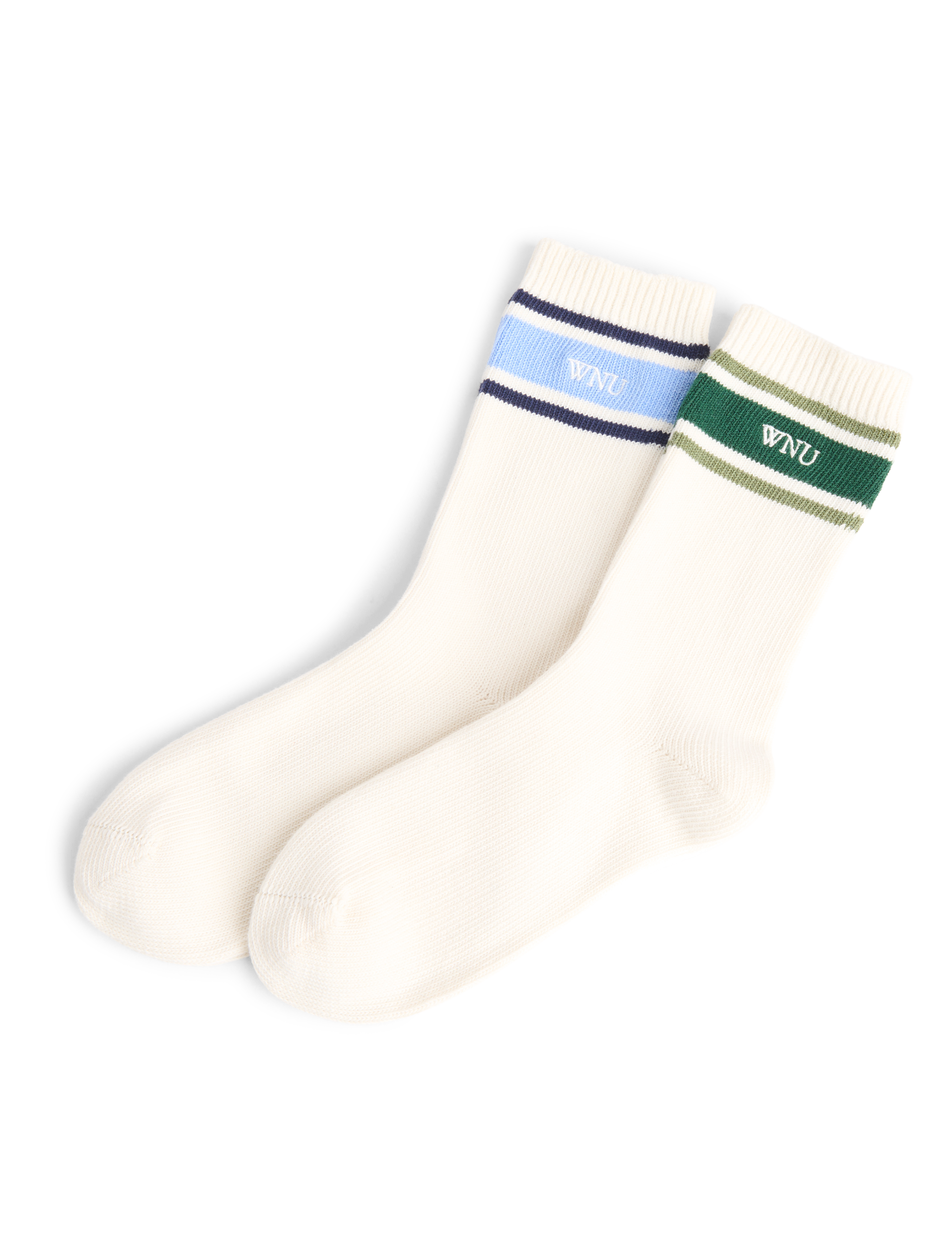 Two Pack - Crew Socks: Cotton Blend, Green Stripe and Blue Stripe