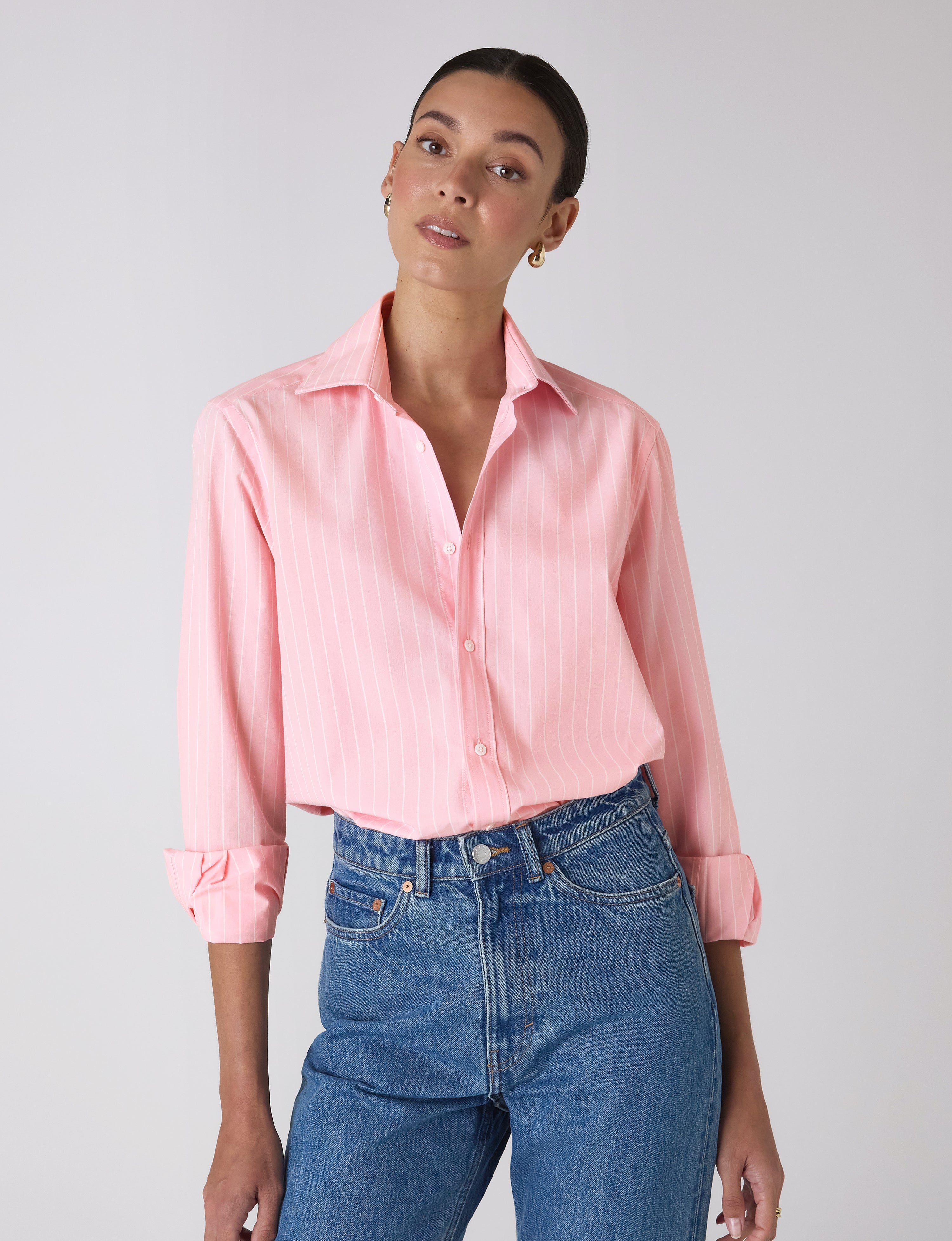 The Boyfriend: Fine Poplin, Light Pink Stripe