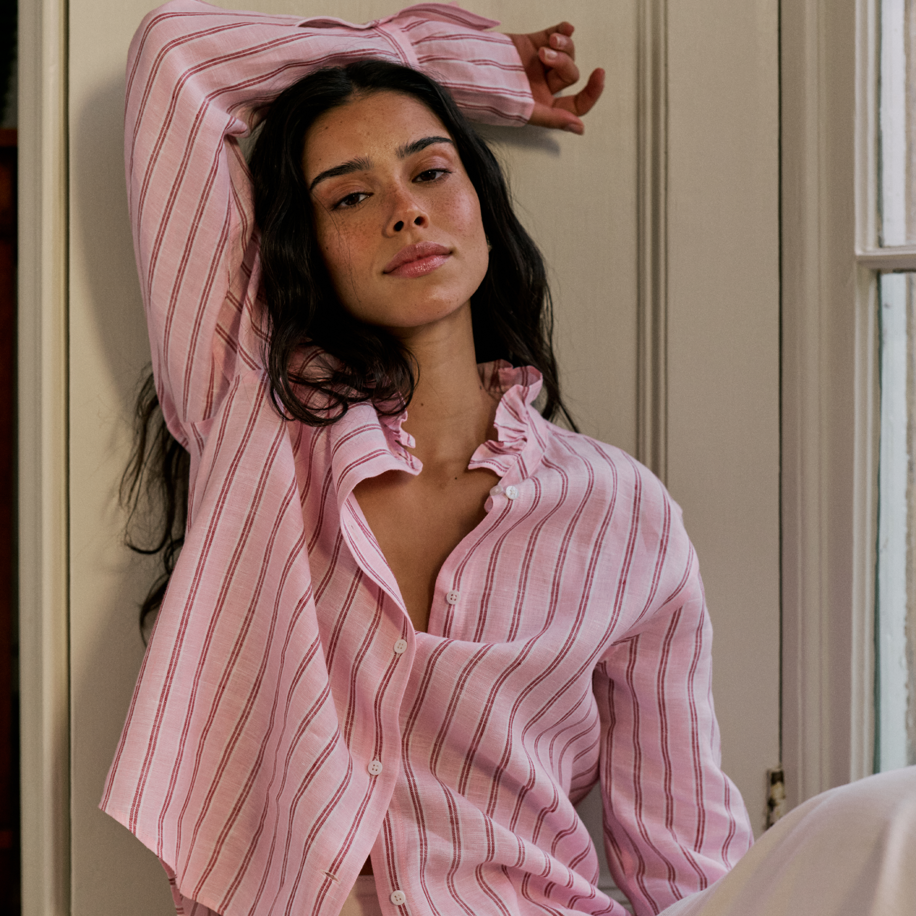 Kew Blouse: Linen, Red and Pink Stripe