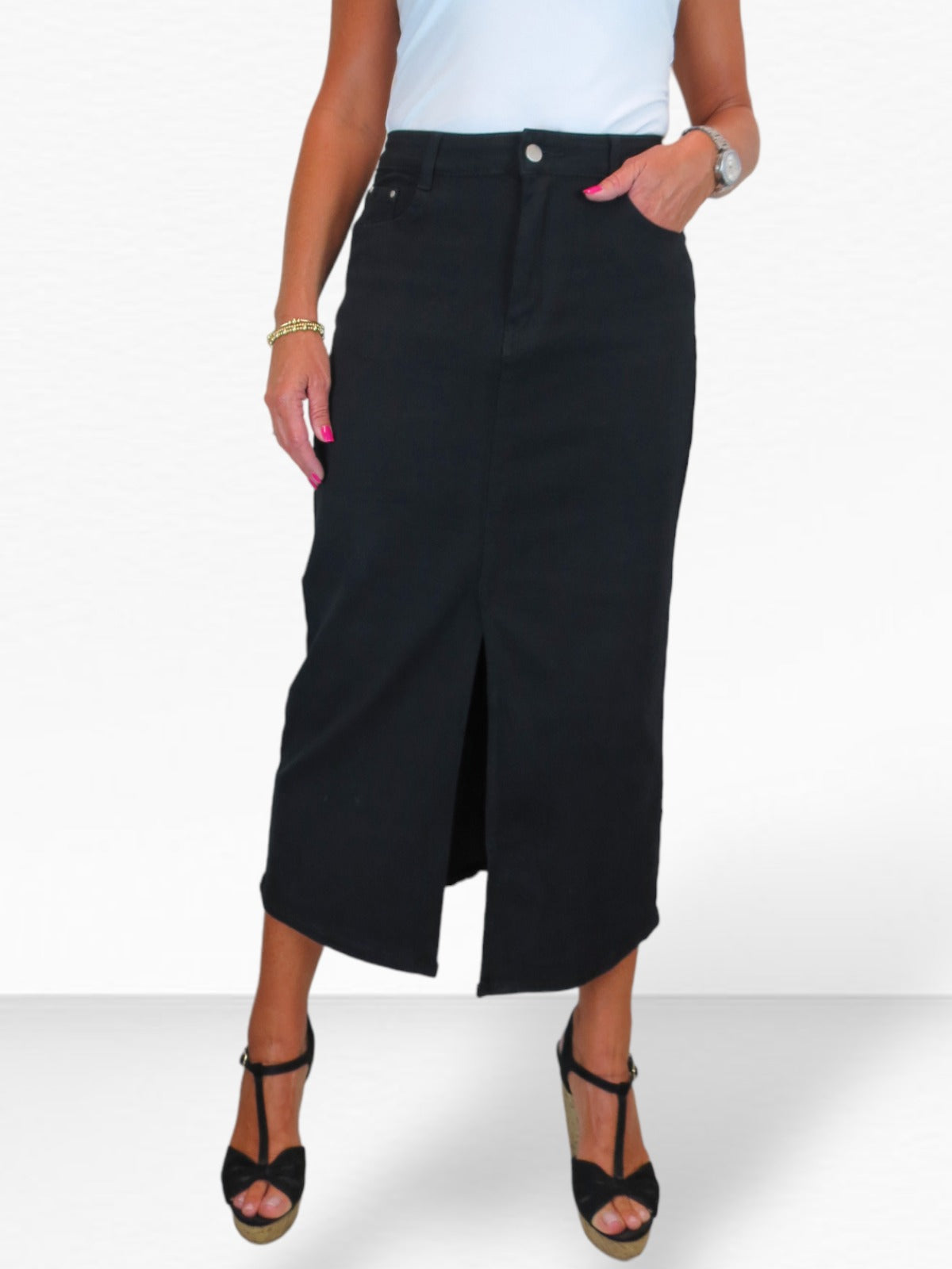 Women's Front Split Maxi Skirt Heavy Cotton Black