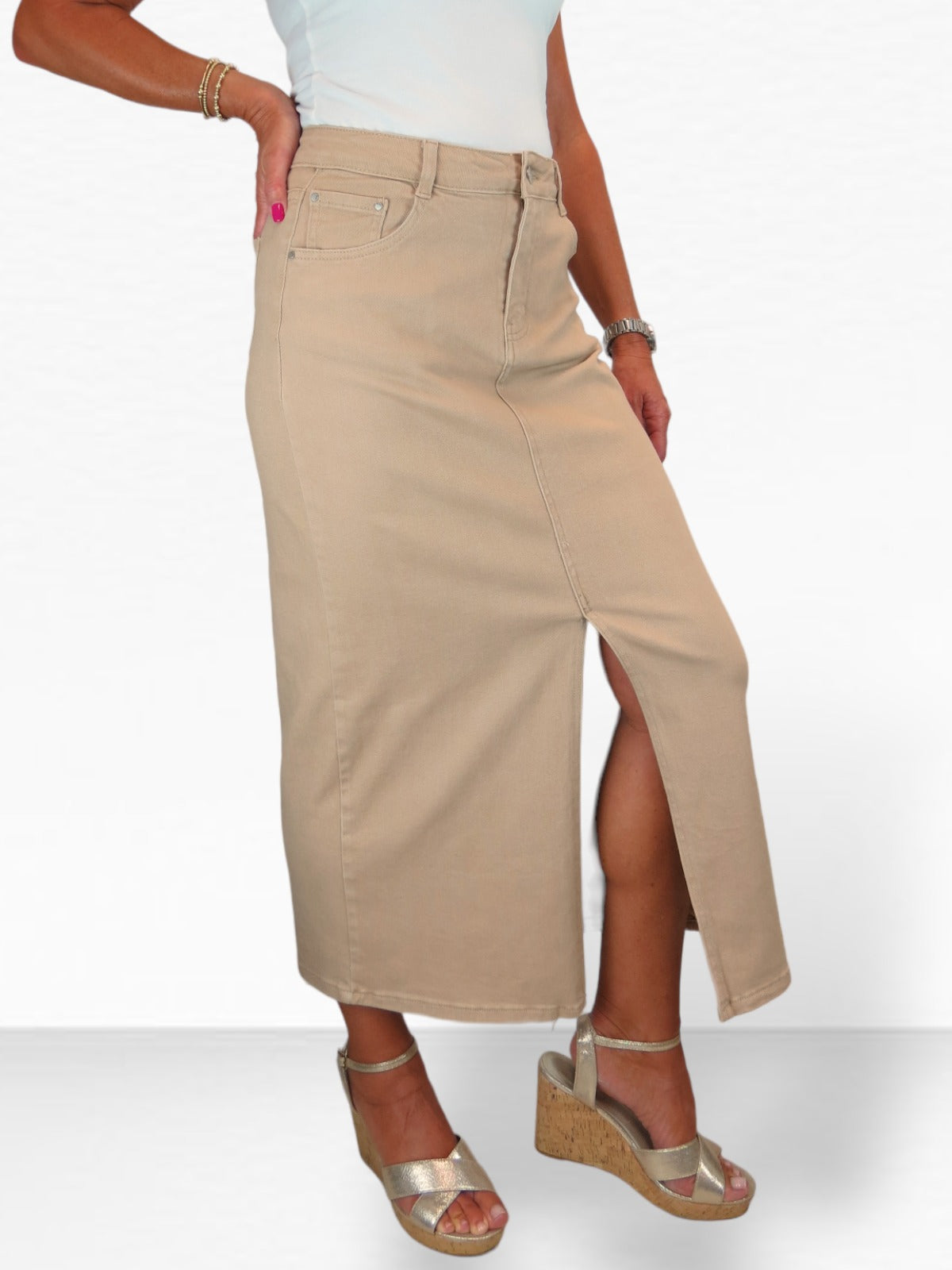 Women's Front Split Maxi Skirt Heavy Cotton Beige