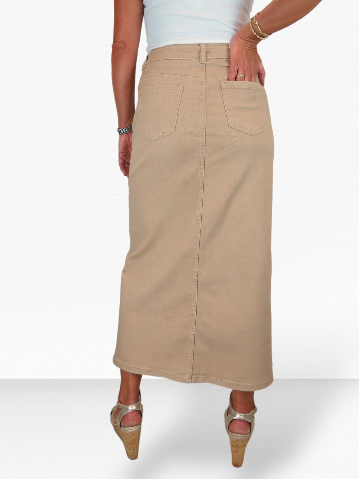 Women's Front Split Maxi Skirt Heavy Cotton Beige