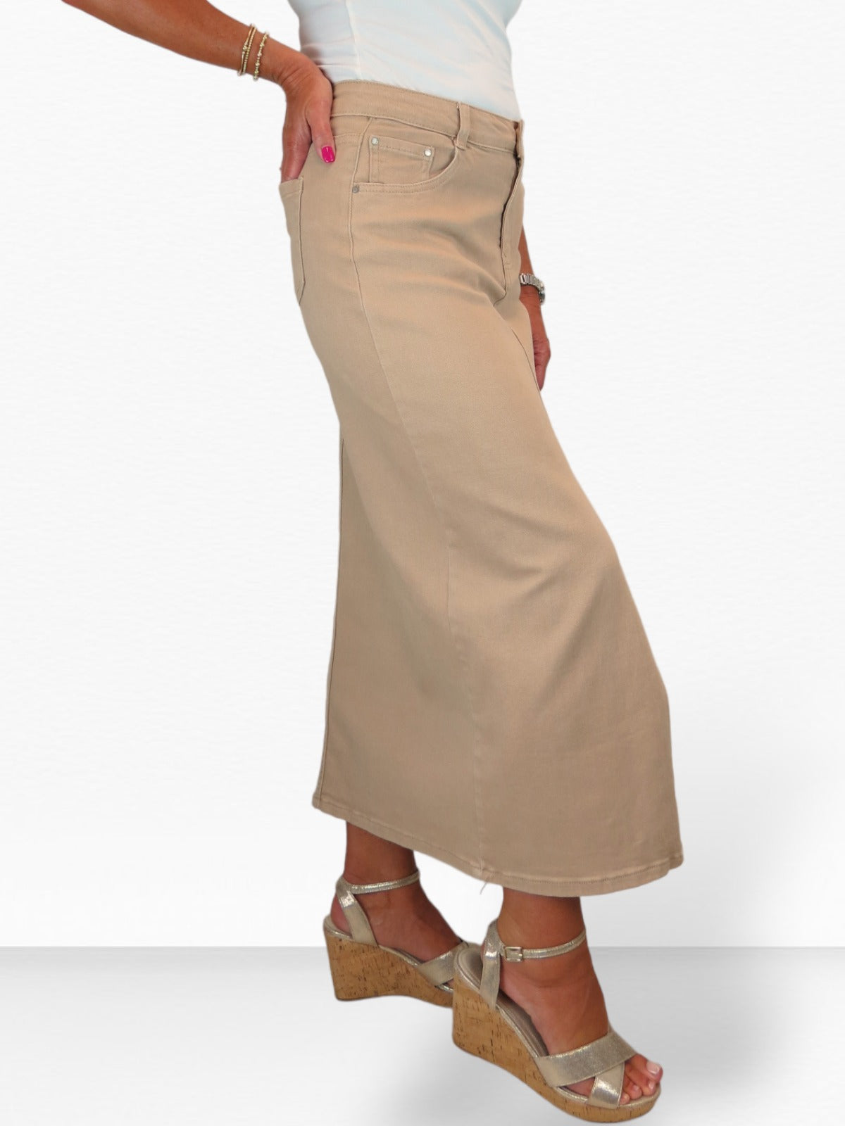 Women's Front Split Maxi Skirt Heavy Cotton Beige