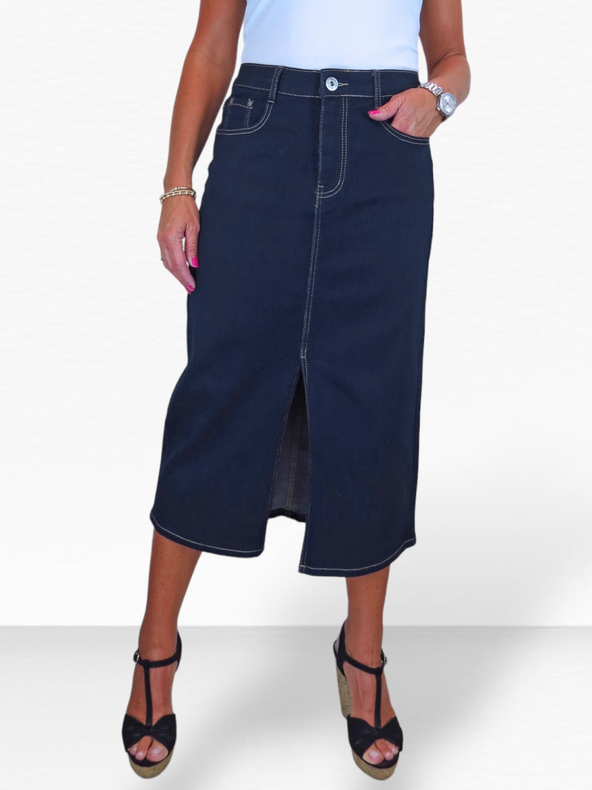 Women's Front Split Denim Maxi Skirt Indigo Dark Blue