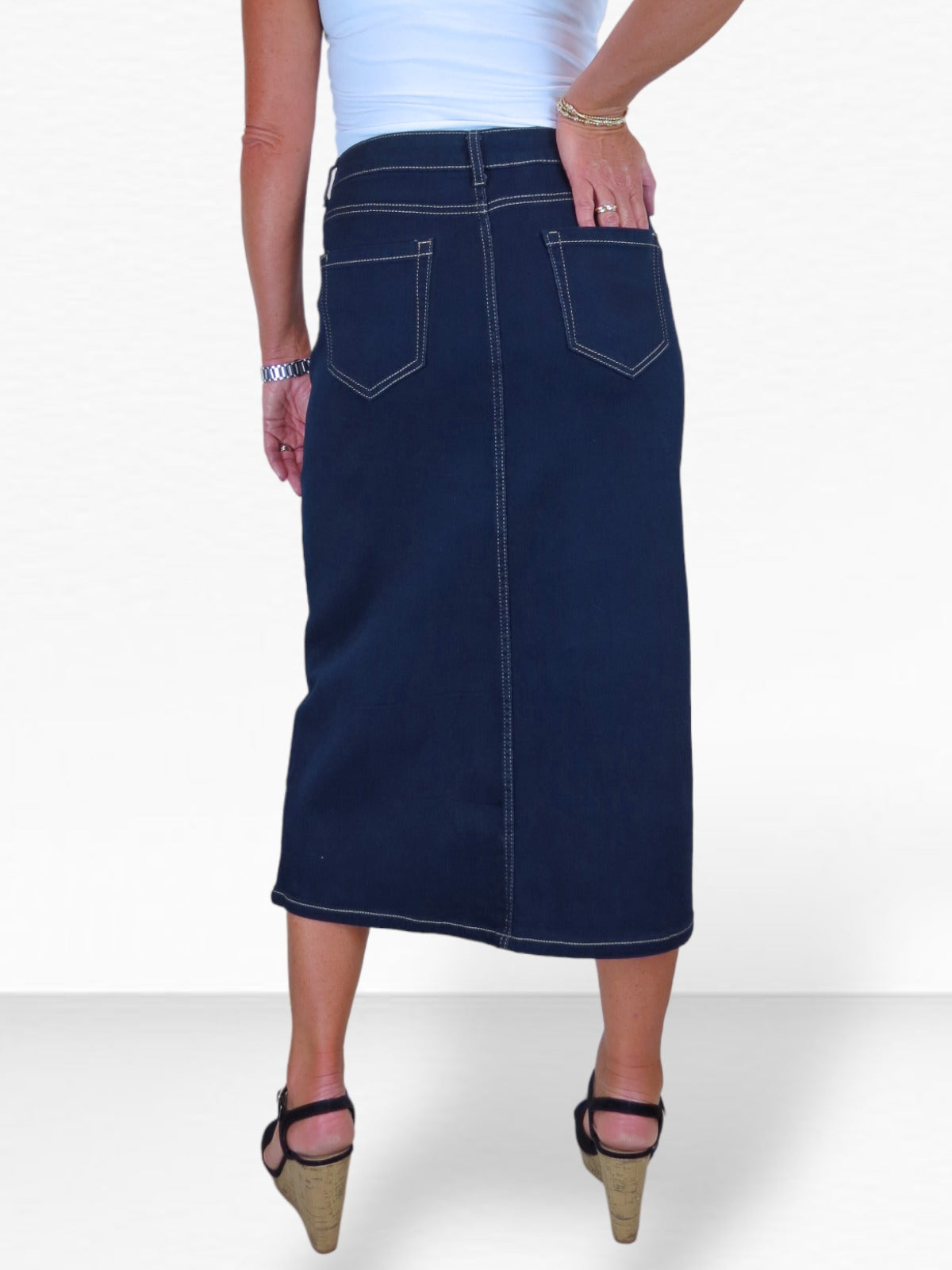 Women's Front Split Denim Maxi Skirt Indigo Dark Blue