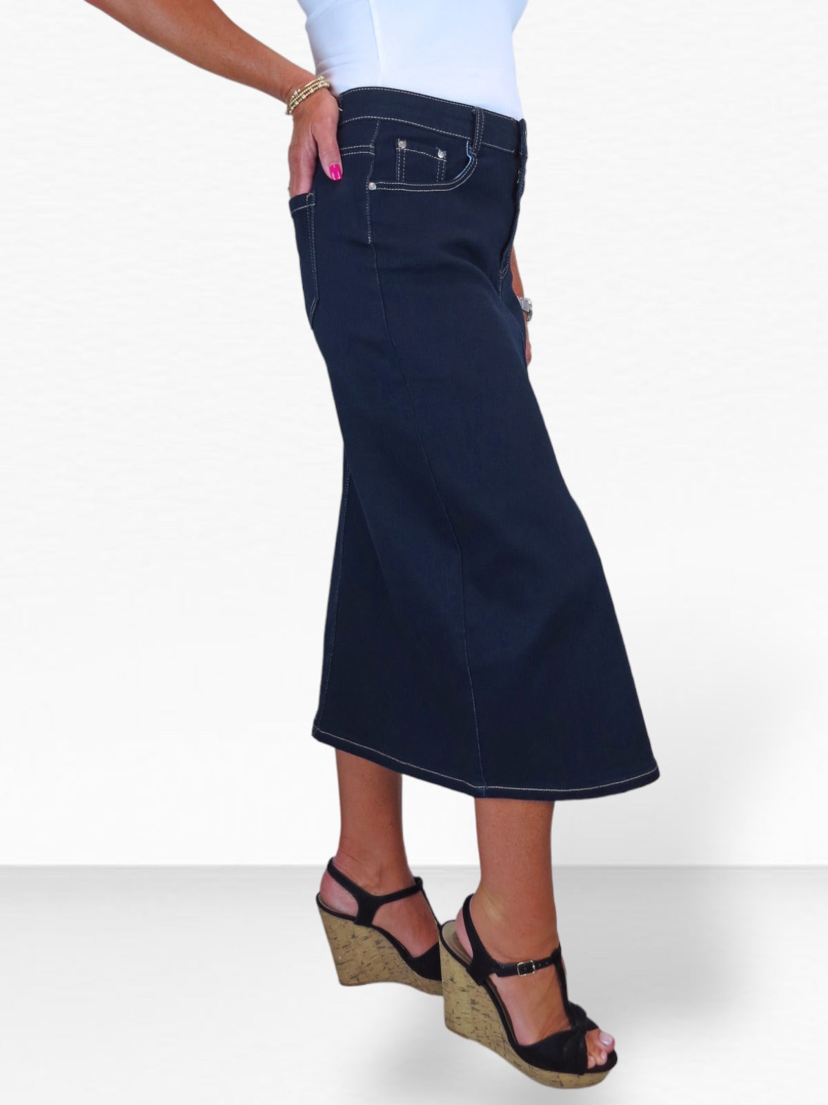 Women's Front Split Denim Maxi Skirt Indigo Dark Blue