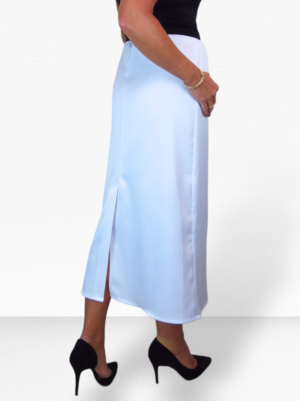 Women's Midi Matte Satin Skirt White