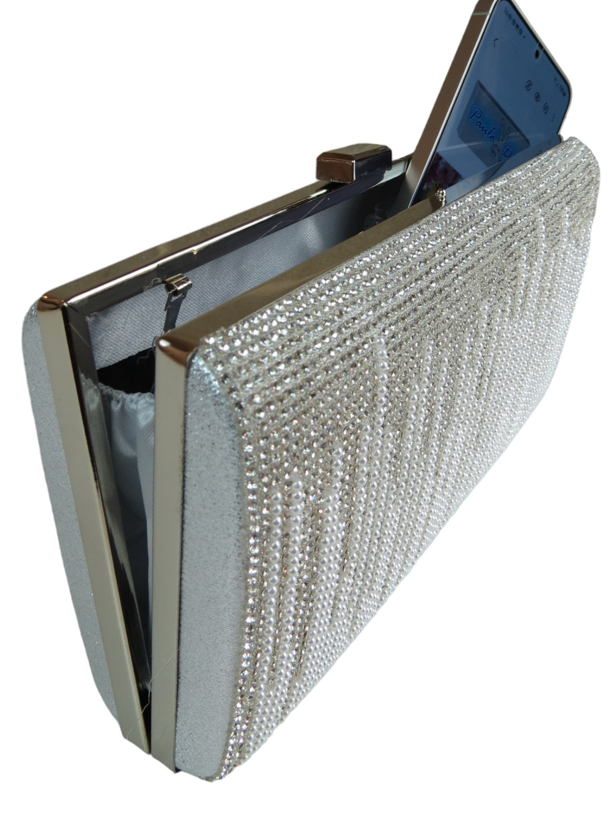 Dropping Diamantes Shiny Clutch Bag Silver