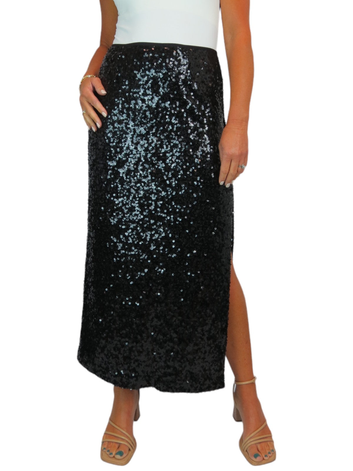 Women's Sequin Maxi Skirt With Side Slit Black