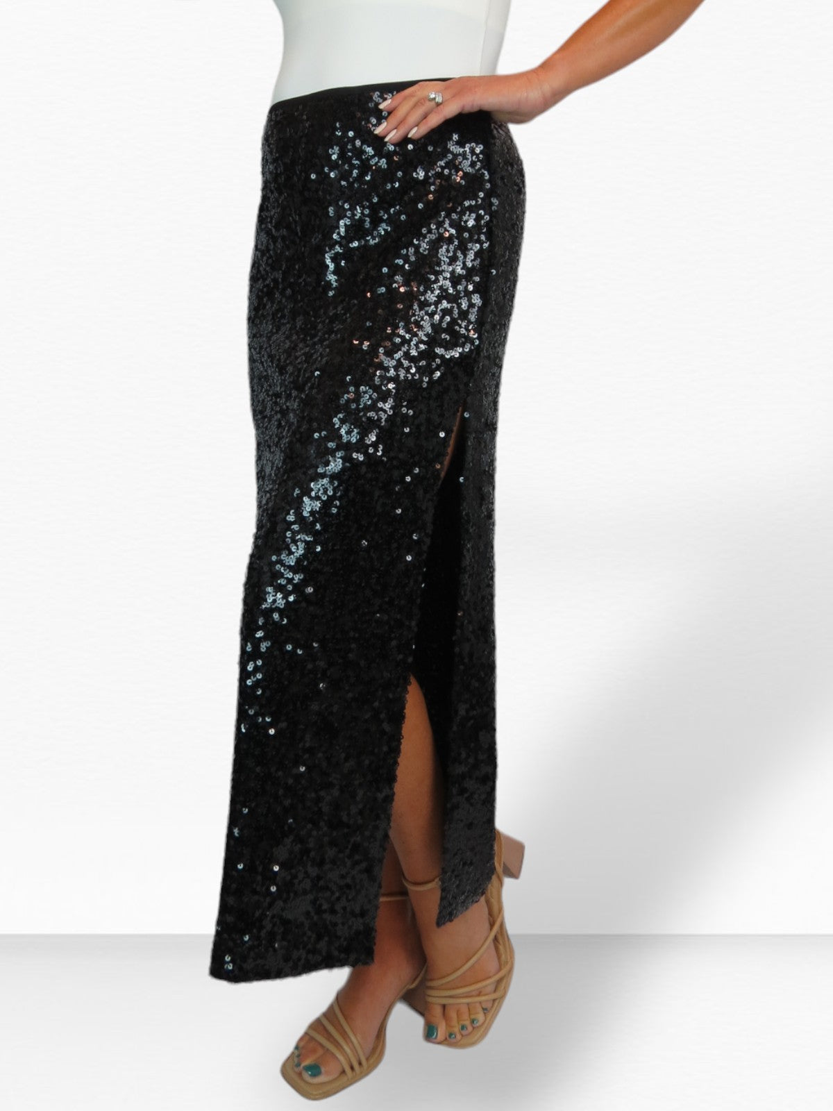 Women's Sequin Maxi Skirt With Side Slit Black