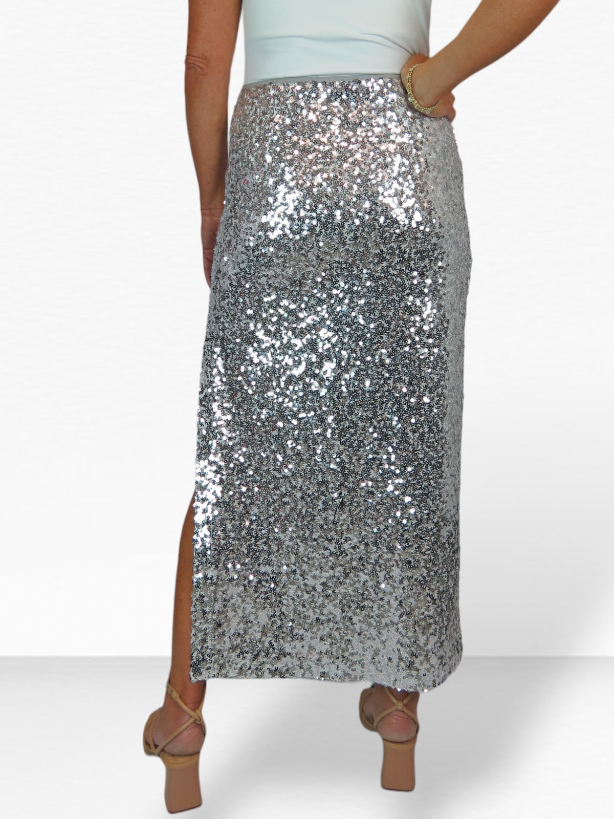 Women's Sequin Maxi Skirt With Side Slit Silver