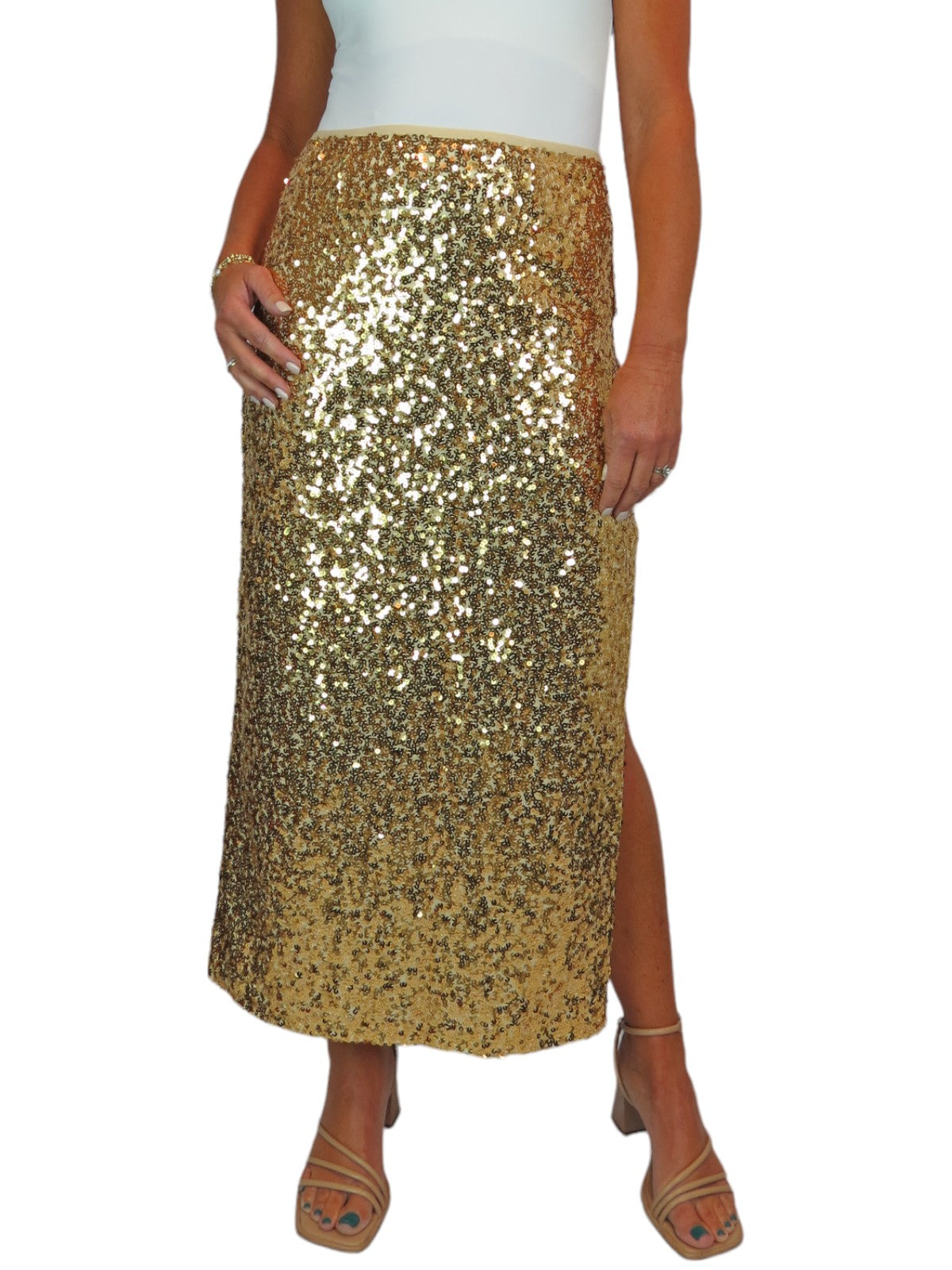 Women's Sequin Maxi Skirt With Side Slit Gold