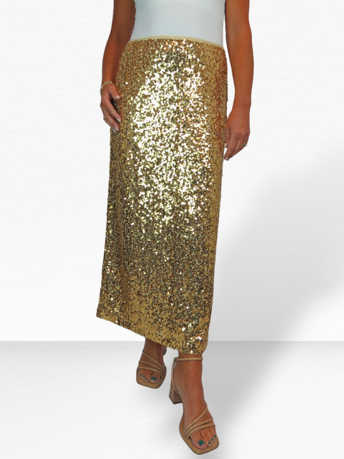 Women's Sequin Maxi Skirt With Side Slit Gold