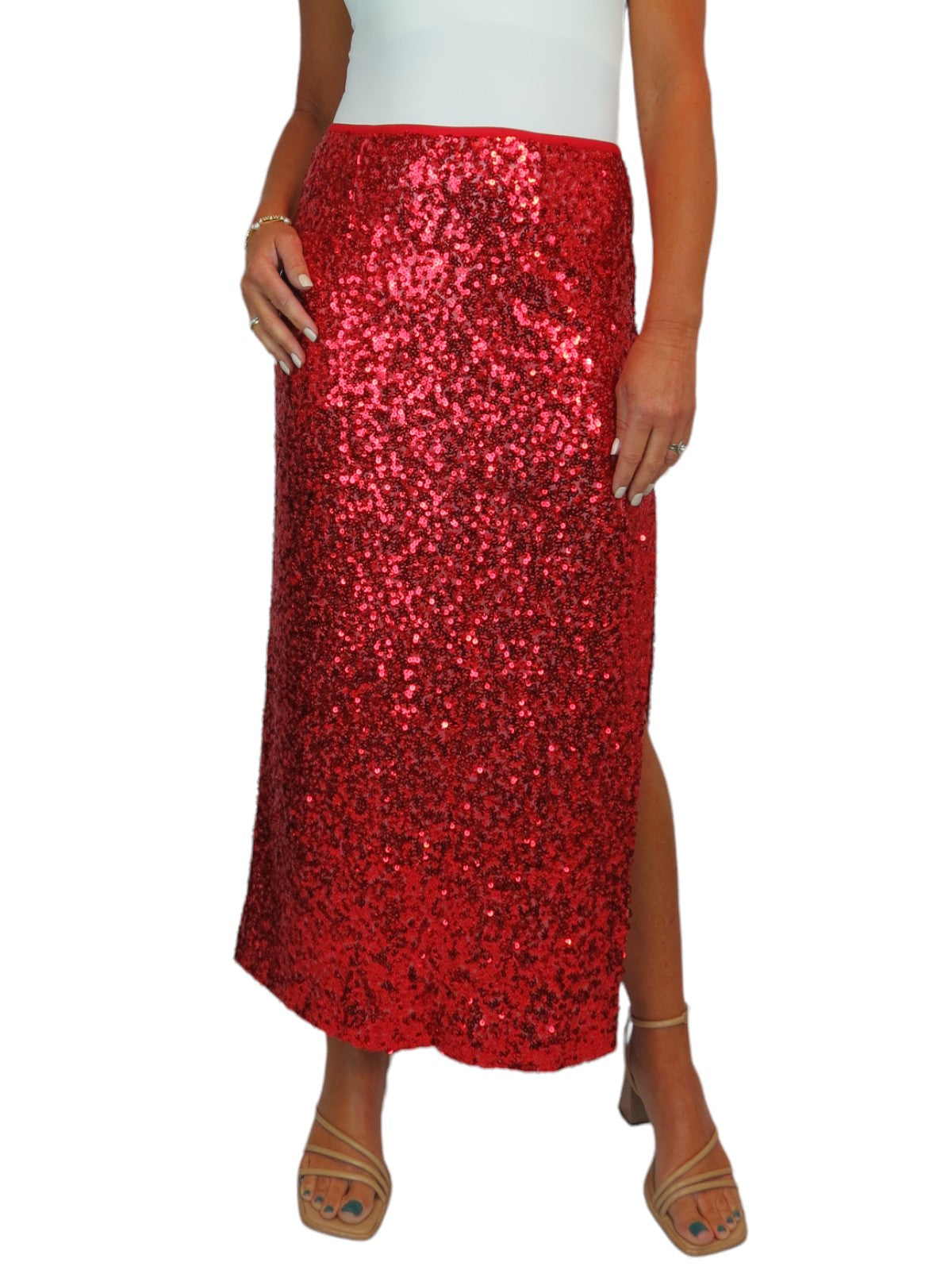 Women's Sequin Maxi Skirt With Side Slit Red