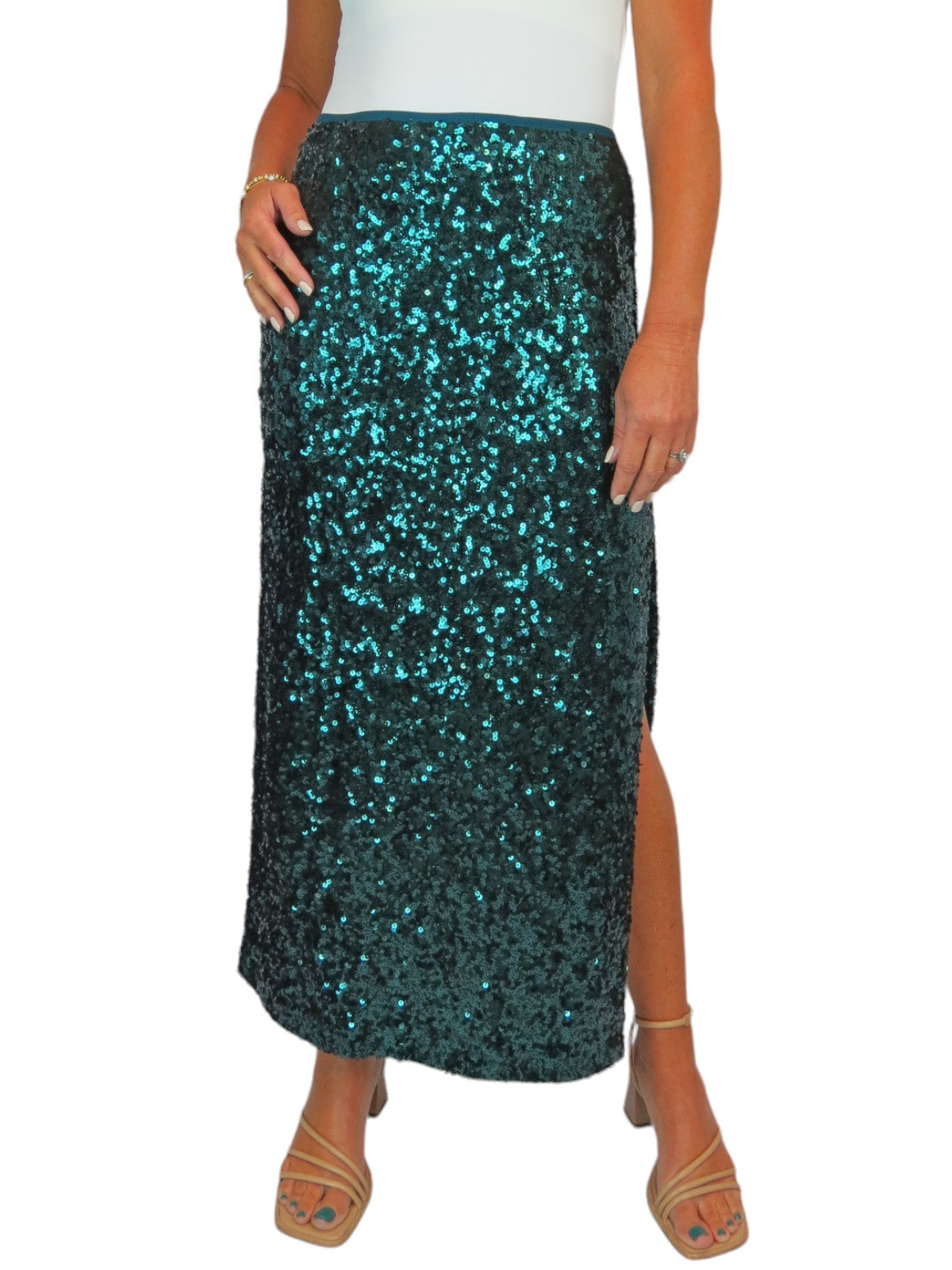 Women's Sequin Maxi Skirt With Side Slit Dark Green