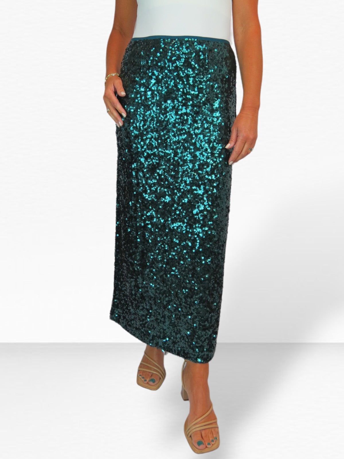 Women's Sequin Maxi Skirt With Side Slit Dark Green