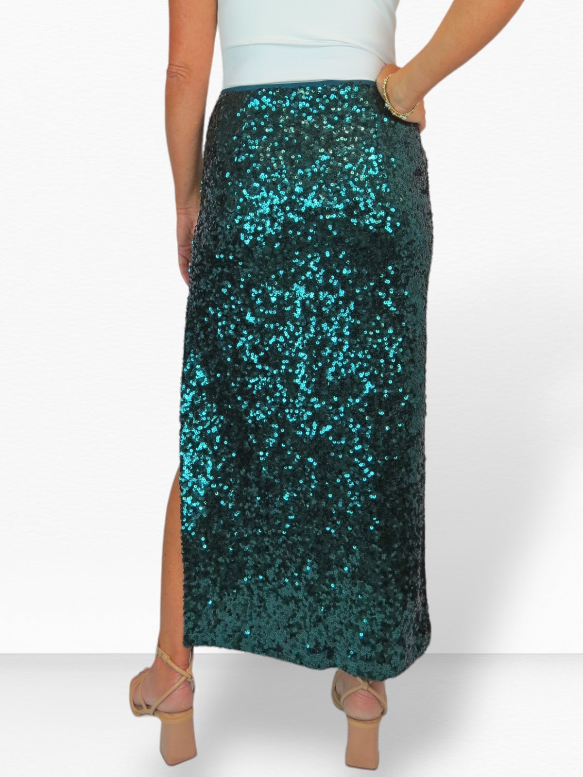 Women's Sequin Maxi Skirt With Side Slit Dark Green