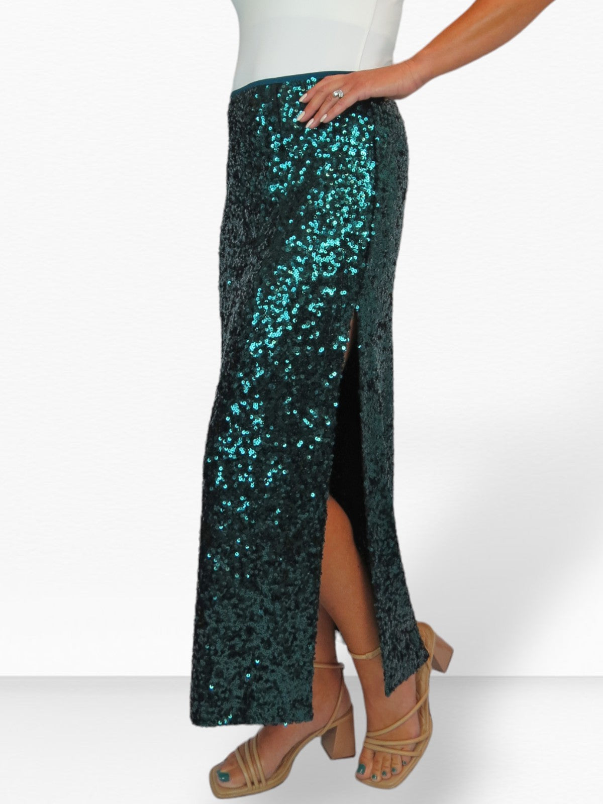 Women's Sequin Maxi Skirt With Side Slit Dark Green