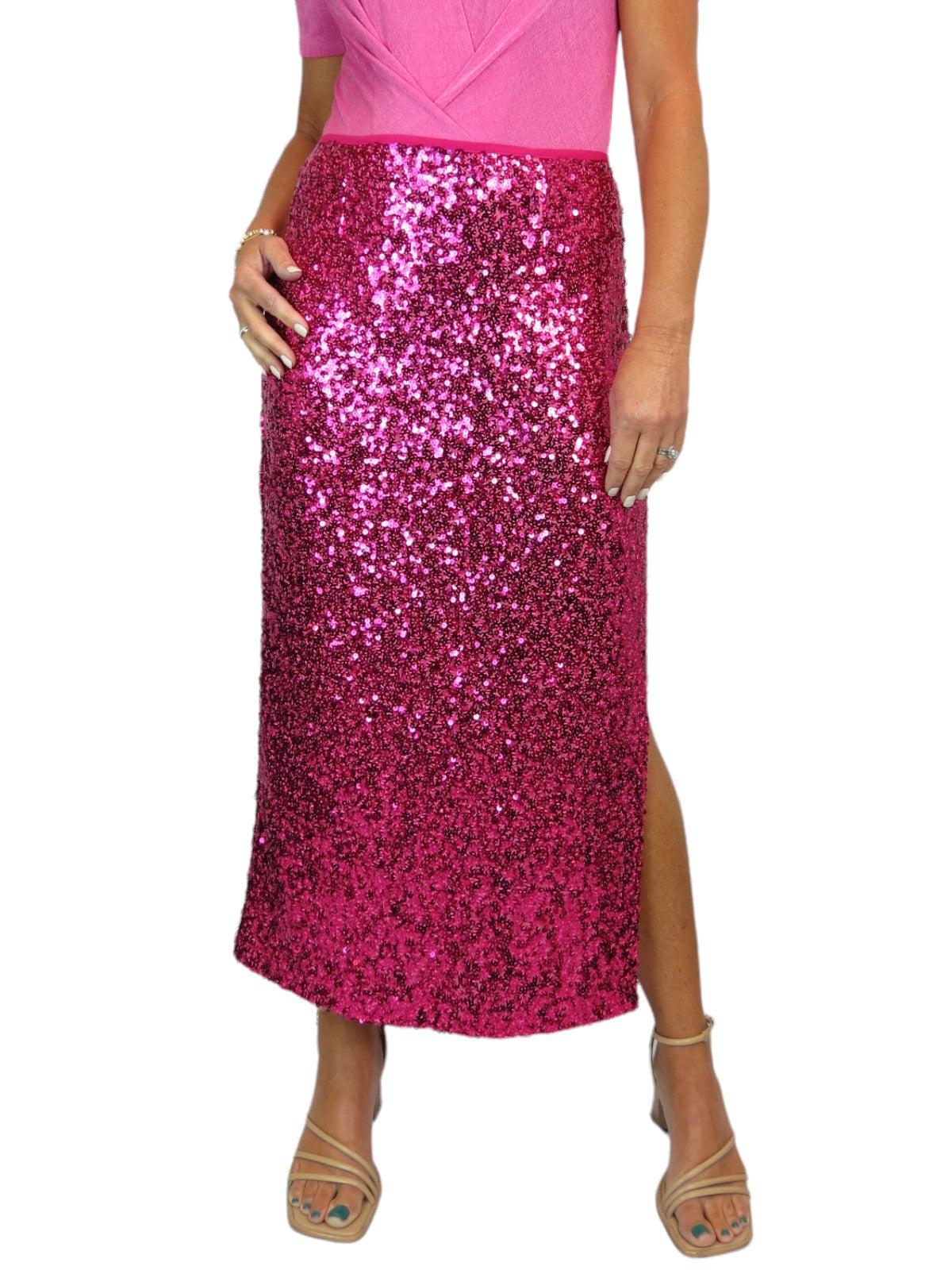 Women's Sequin Maxi Skirt With Side Slit Hot Pink
