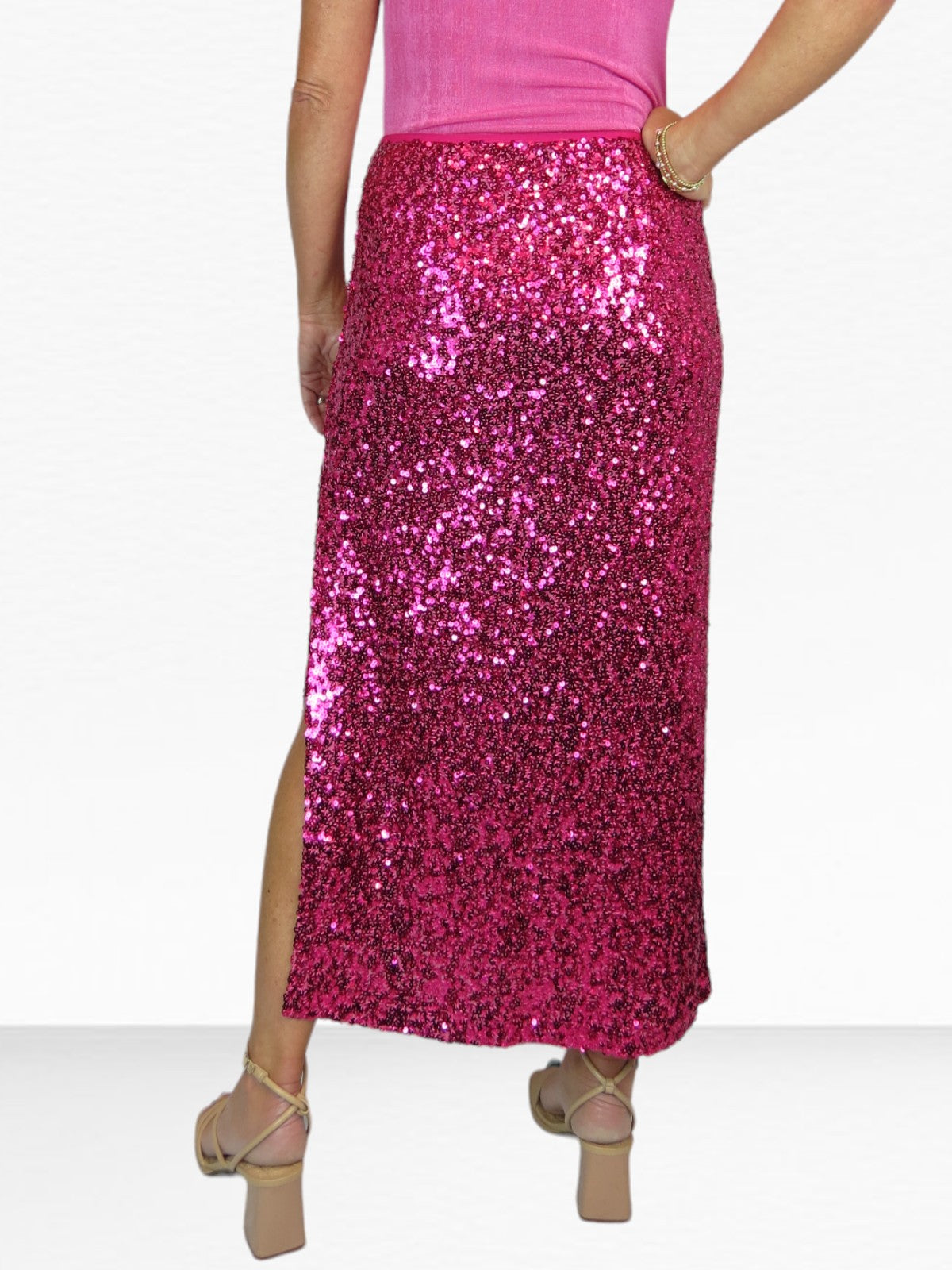 Women's Sequin Maxi Skirt With Side Slit Hot Pink