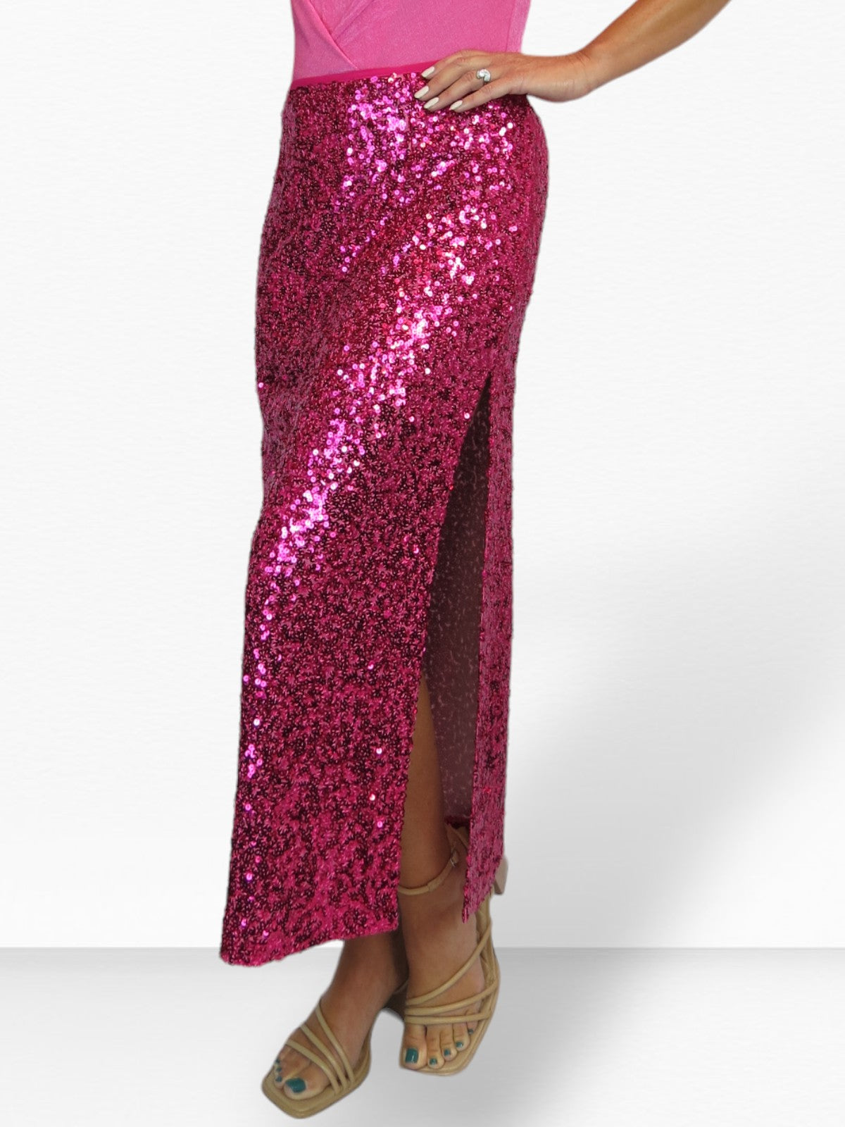 Women's Sequin Maxi Skirt With Side Slit Hot Pink