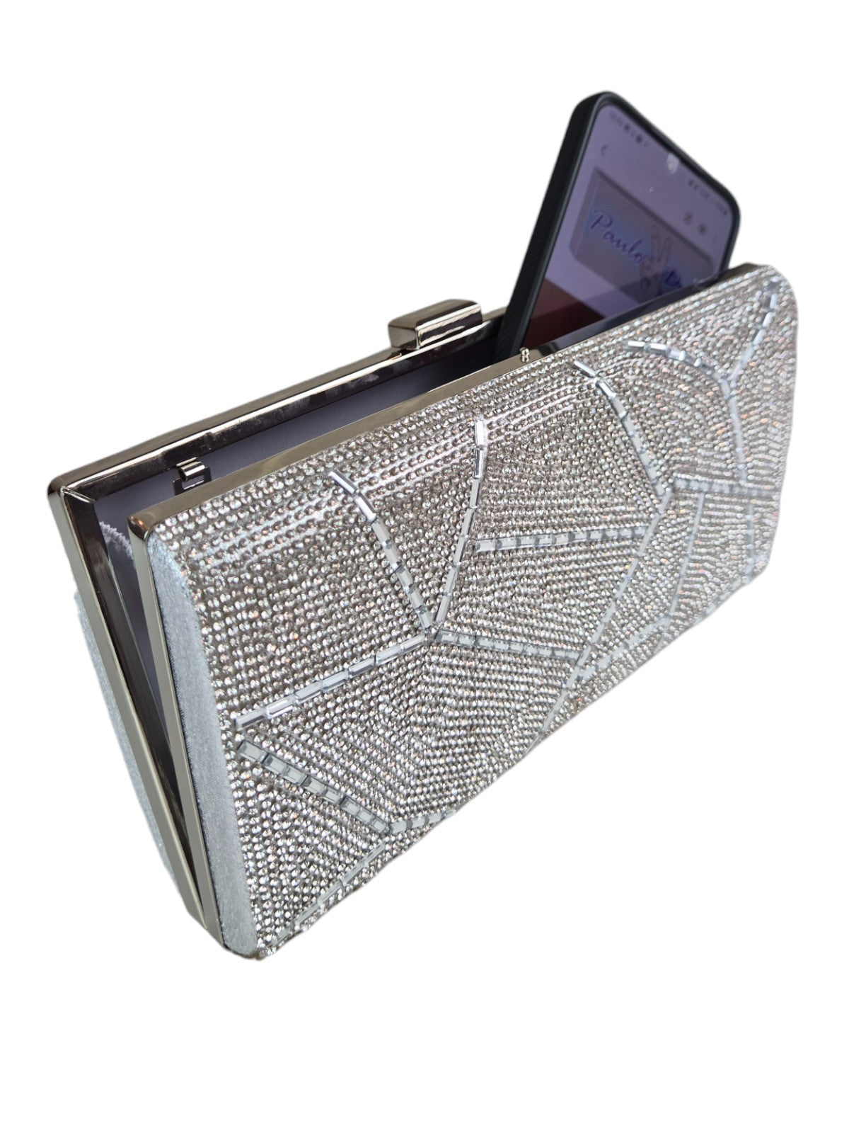 Abstract Diamante & Rhinestone Clutch Bag Silver