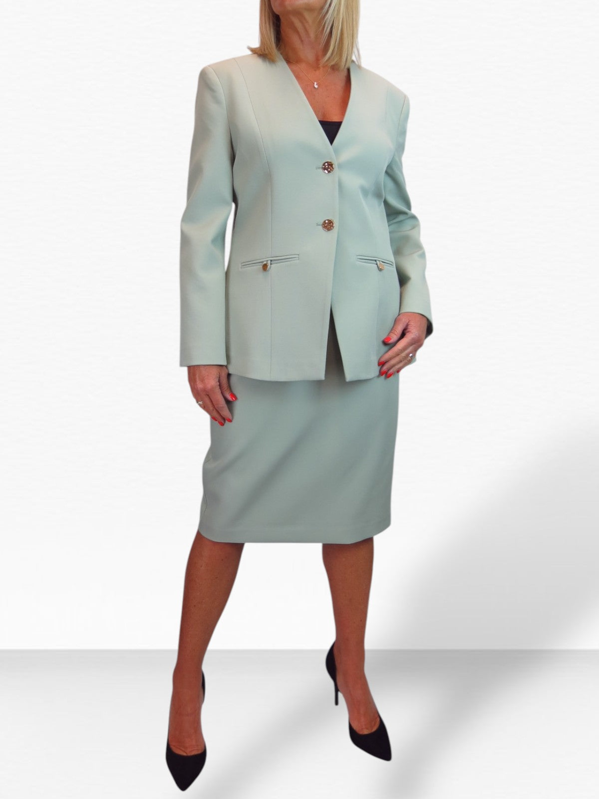 2 Piece V Neck Jacket and Midi Skirt Suit Sage Green