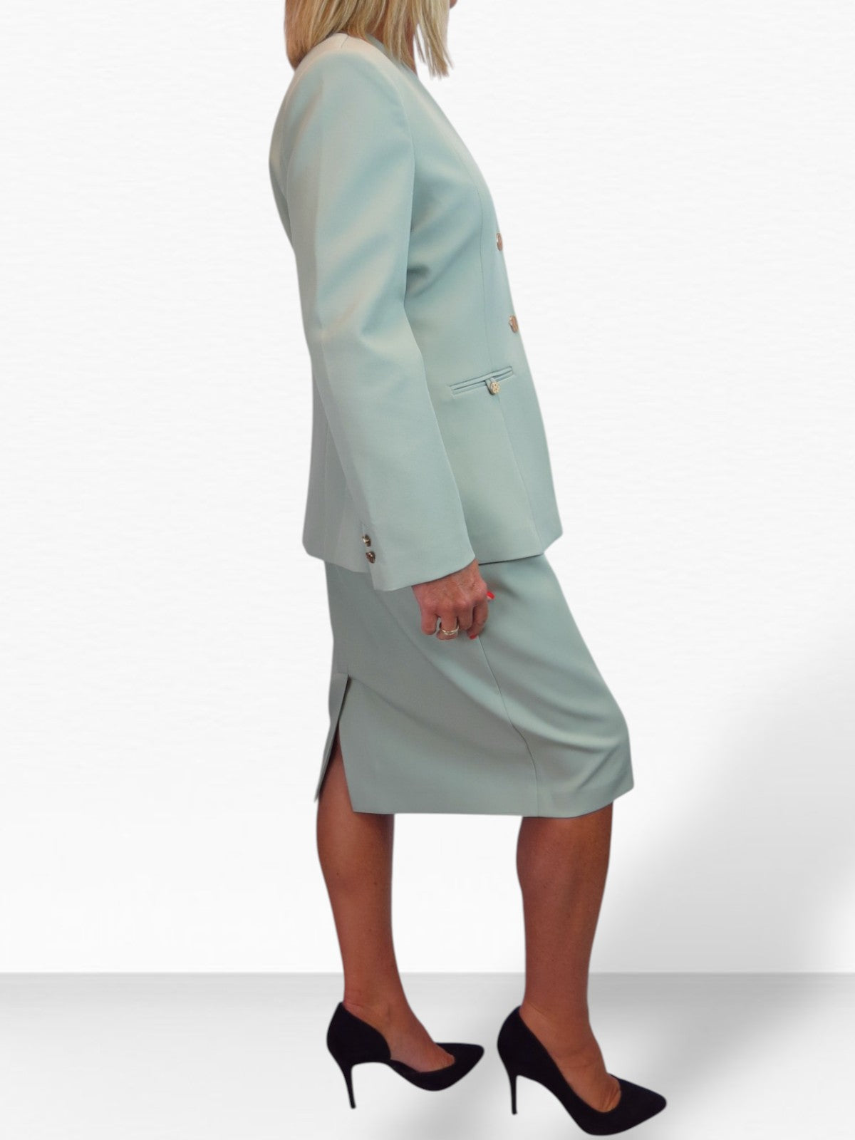 2 Piece V Neck Jacket and Midi Skirt Suit Sage Green