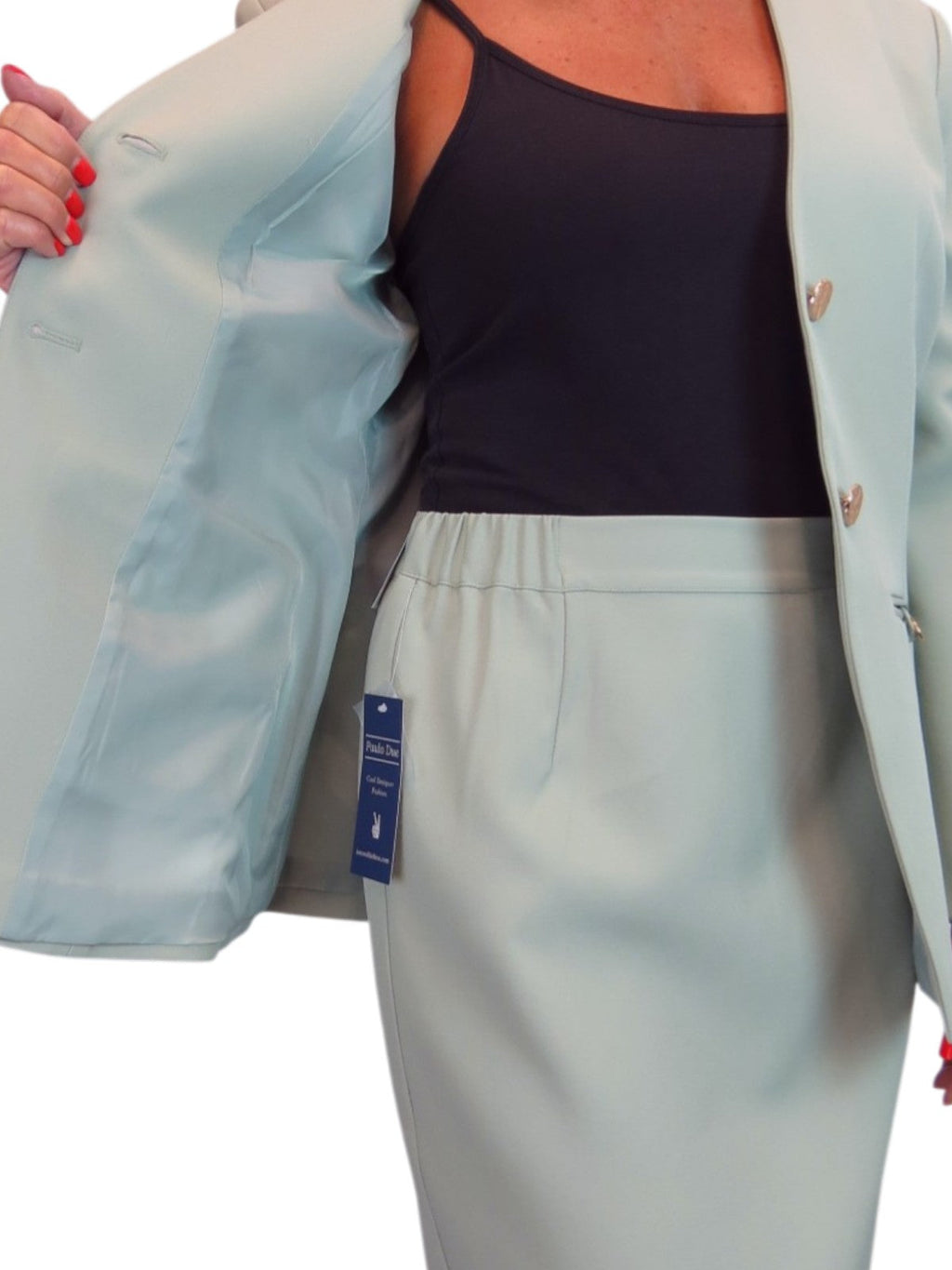 2 Piece V Neck Jacket and Midi Skirt Suit Sage Green