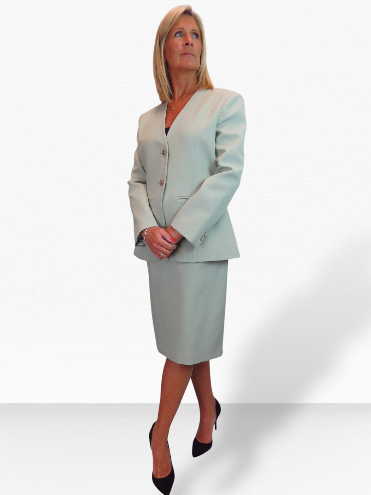 2 Piece V Neck Jacket and Midi Skirt Suit Sage Green