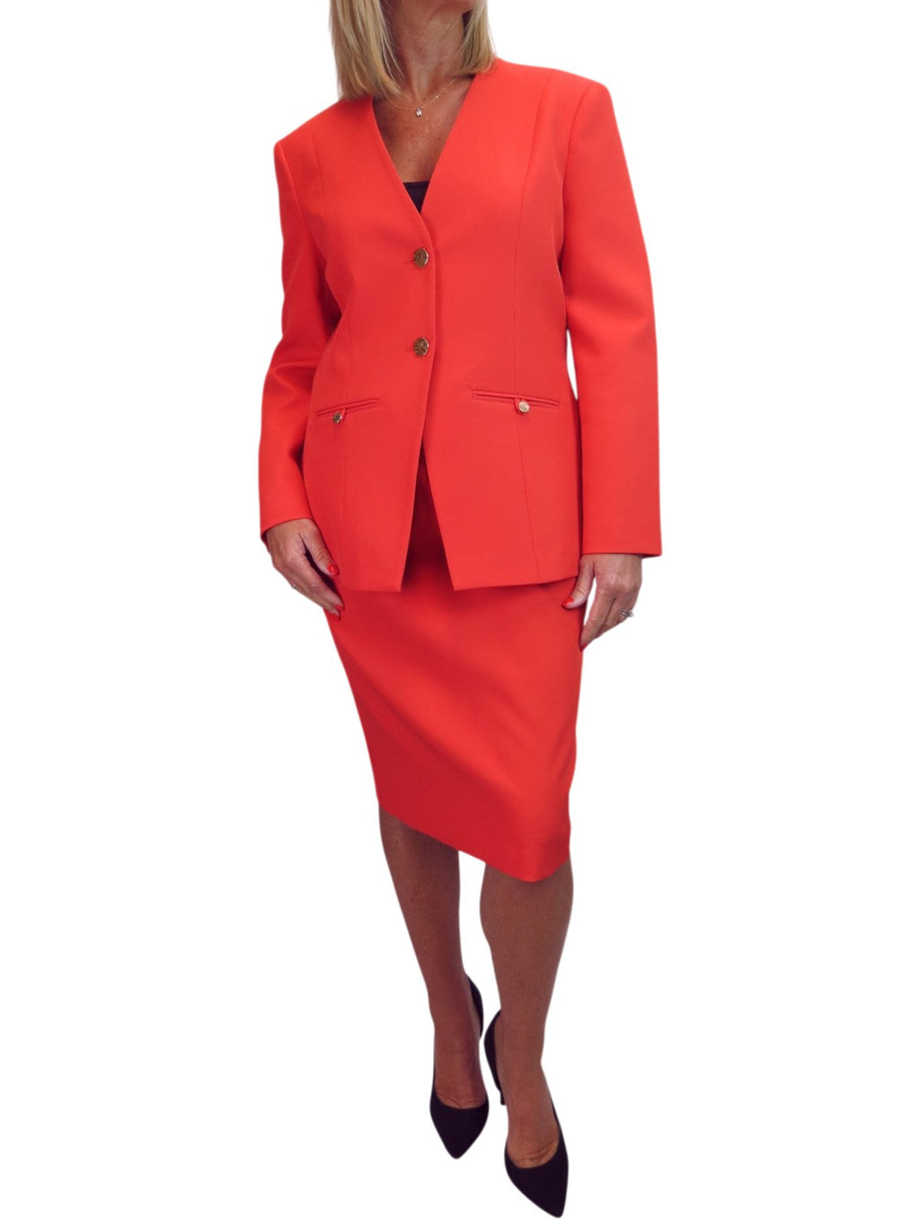 2 Piece V Neck Jacket and Midi Skirt Suit Deep Coral