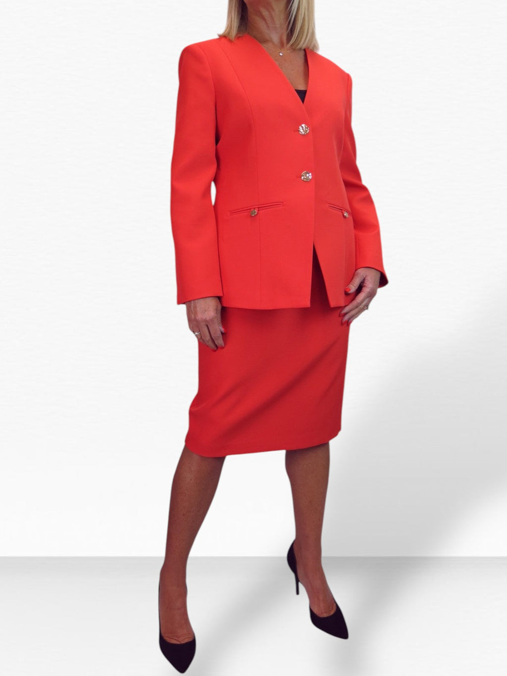 2 Piece V Neck Jacket and Midi Skirt Suit Deep Coral