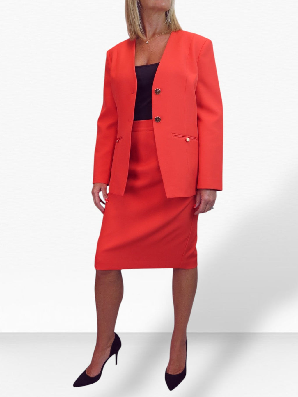 2 Piece V Neck Jacket and Midi Skirt Suit Deep Coral