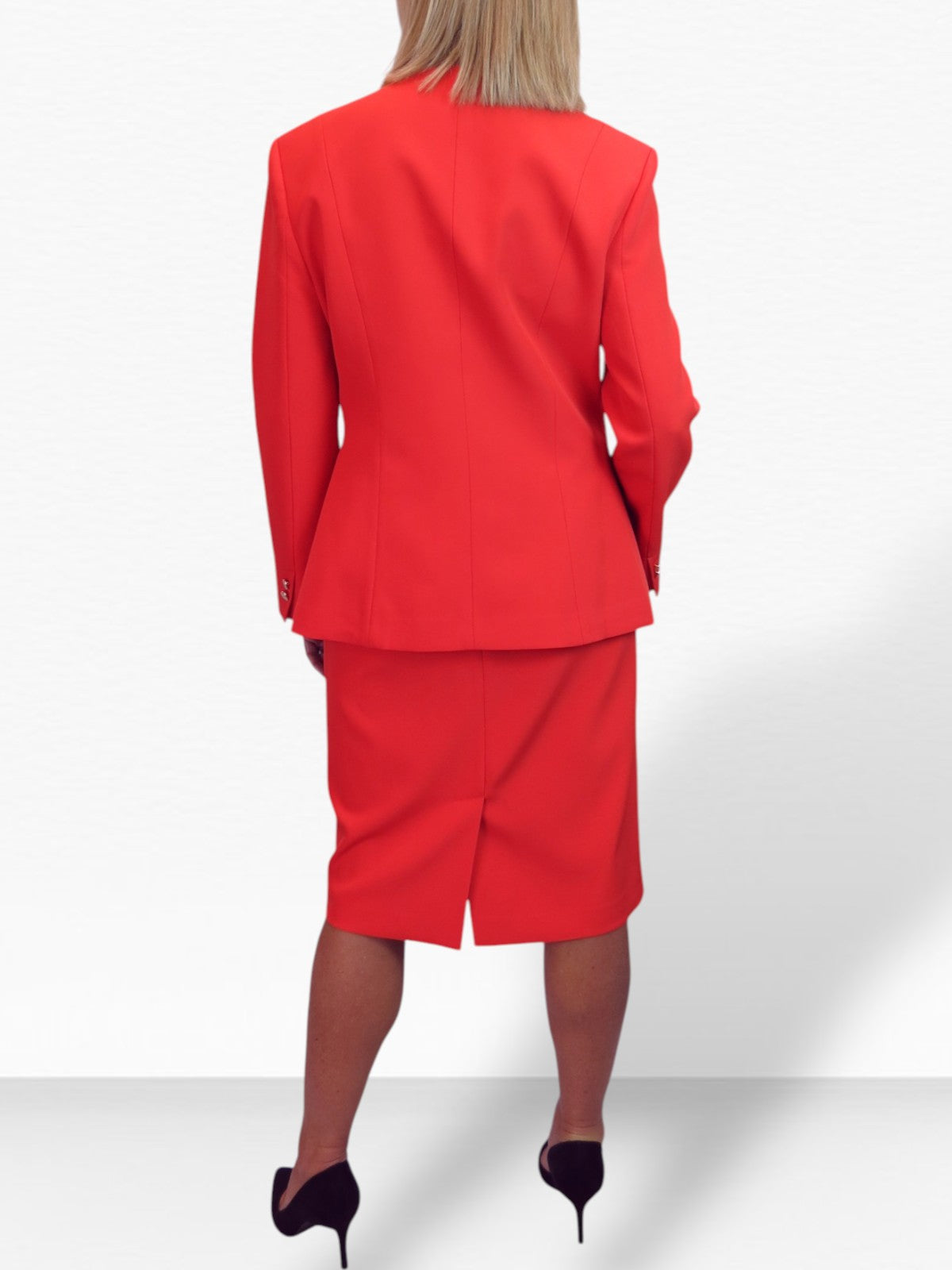 2 Piece V Neck Jacket and Midi Skirt Suit Deep Coral