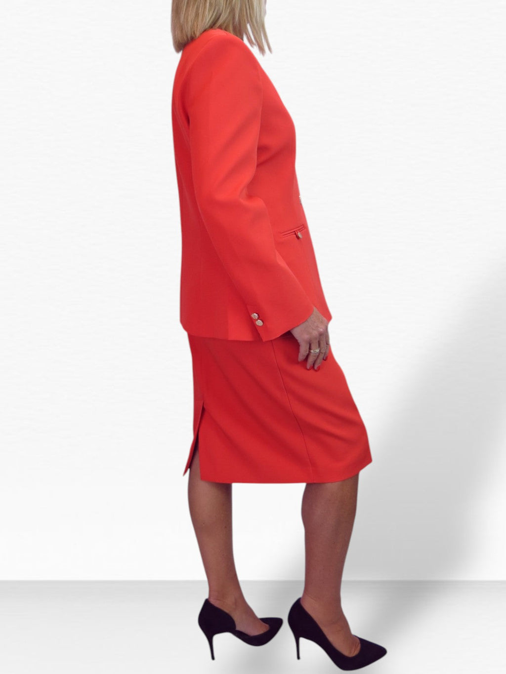 2 Piece V Neck Jacket and Midi Skirt Suit Deep Coral