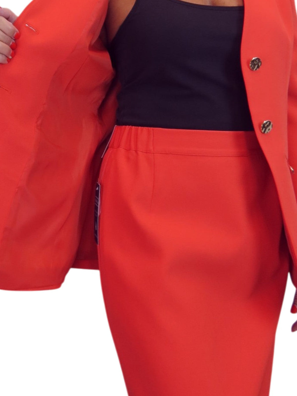 2 Piece V Neck Jacket and Midi Skirt Suit Deep Coral