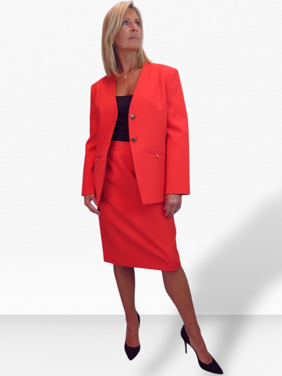 2 Piece V Neck Jacket and Midi Skirt Suit Deep Coral