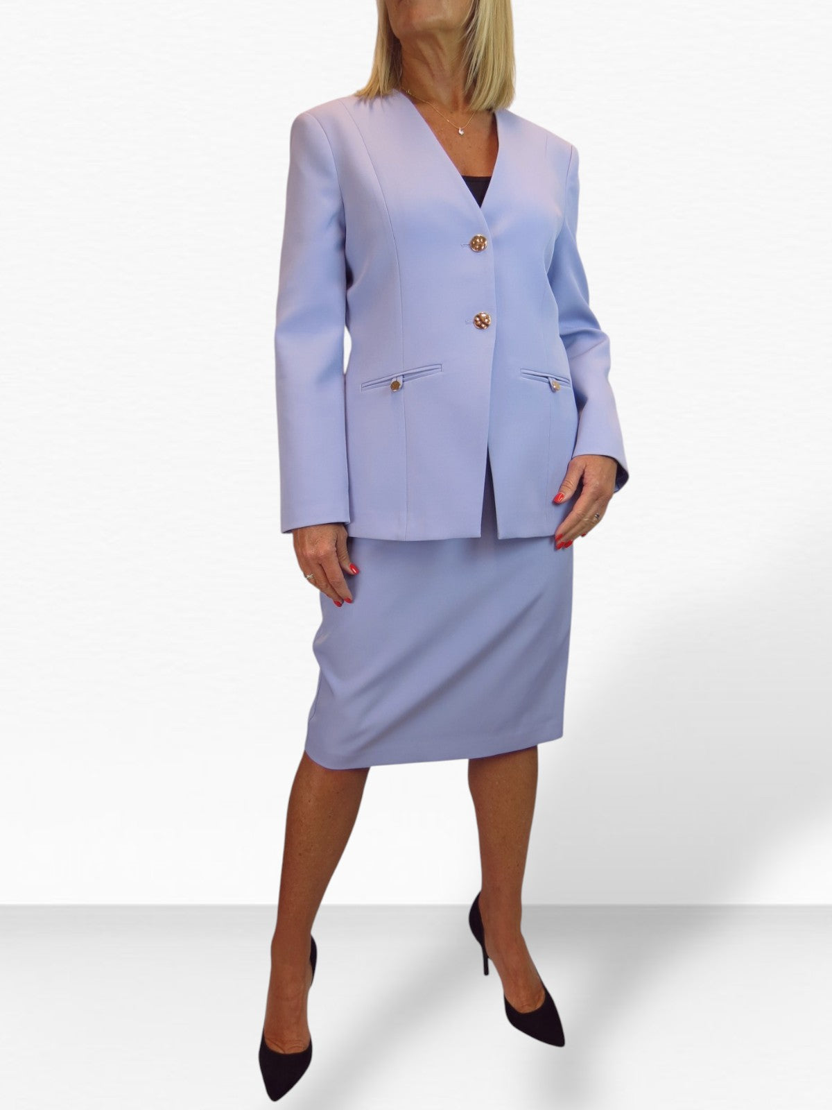 2 Piece V Neck Jacket and Midi Skirt Suit Lilac