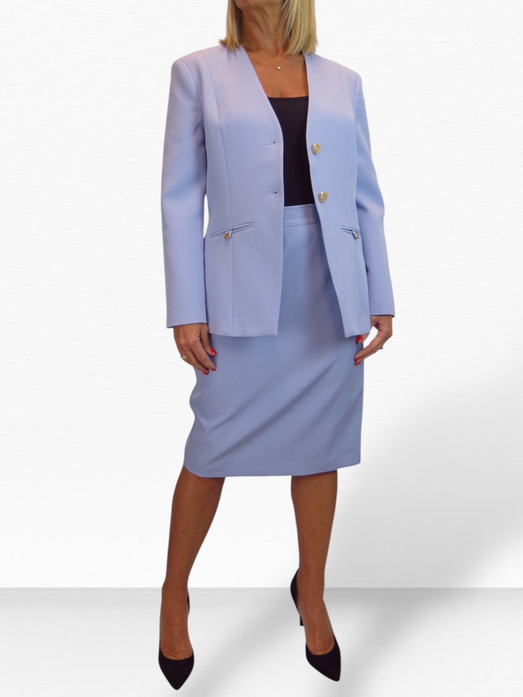 2 Piece V Neck Jacket and Midi Skirt Suit Lilac