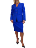 2 Piece V Neck Jacket and Midi Skirt Suit Royal Blue