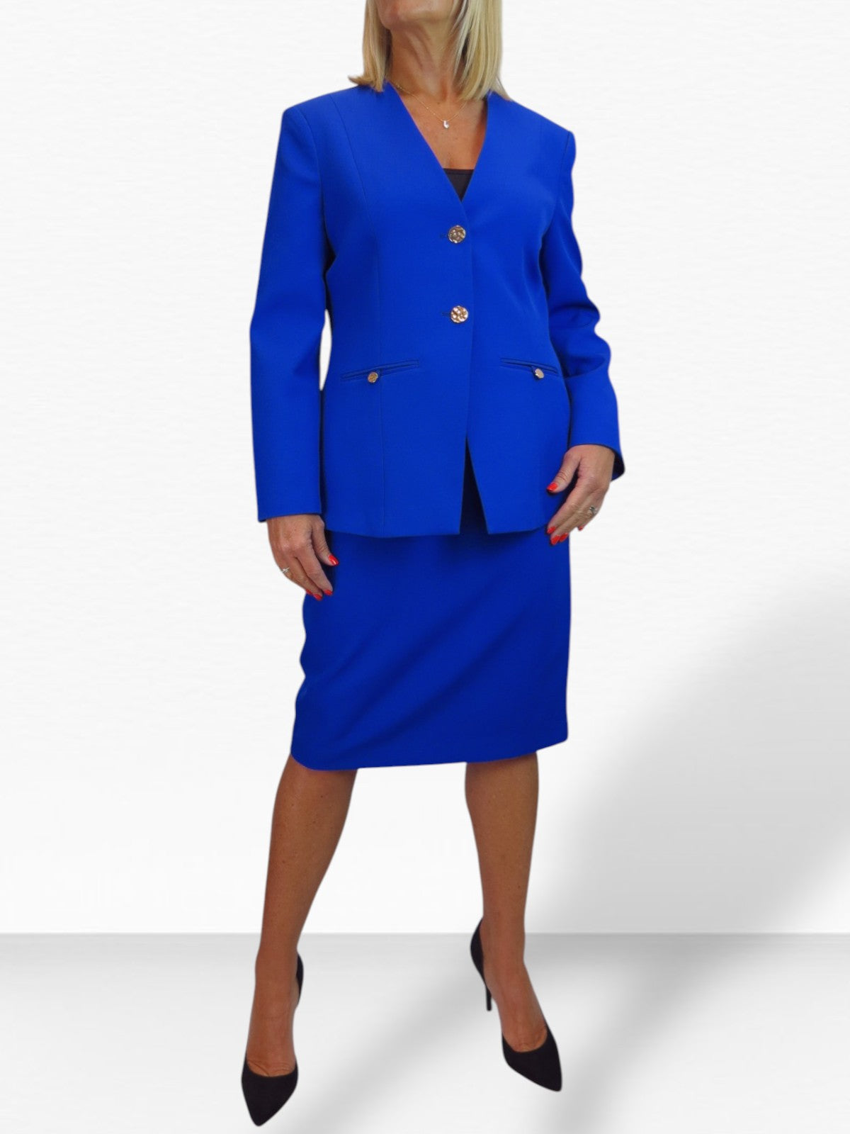 2 Piece V Neck Jacket and Midi Skirt Suit Royal Blue