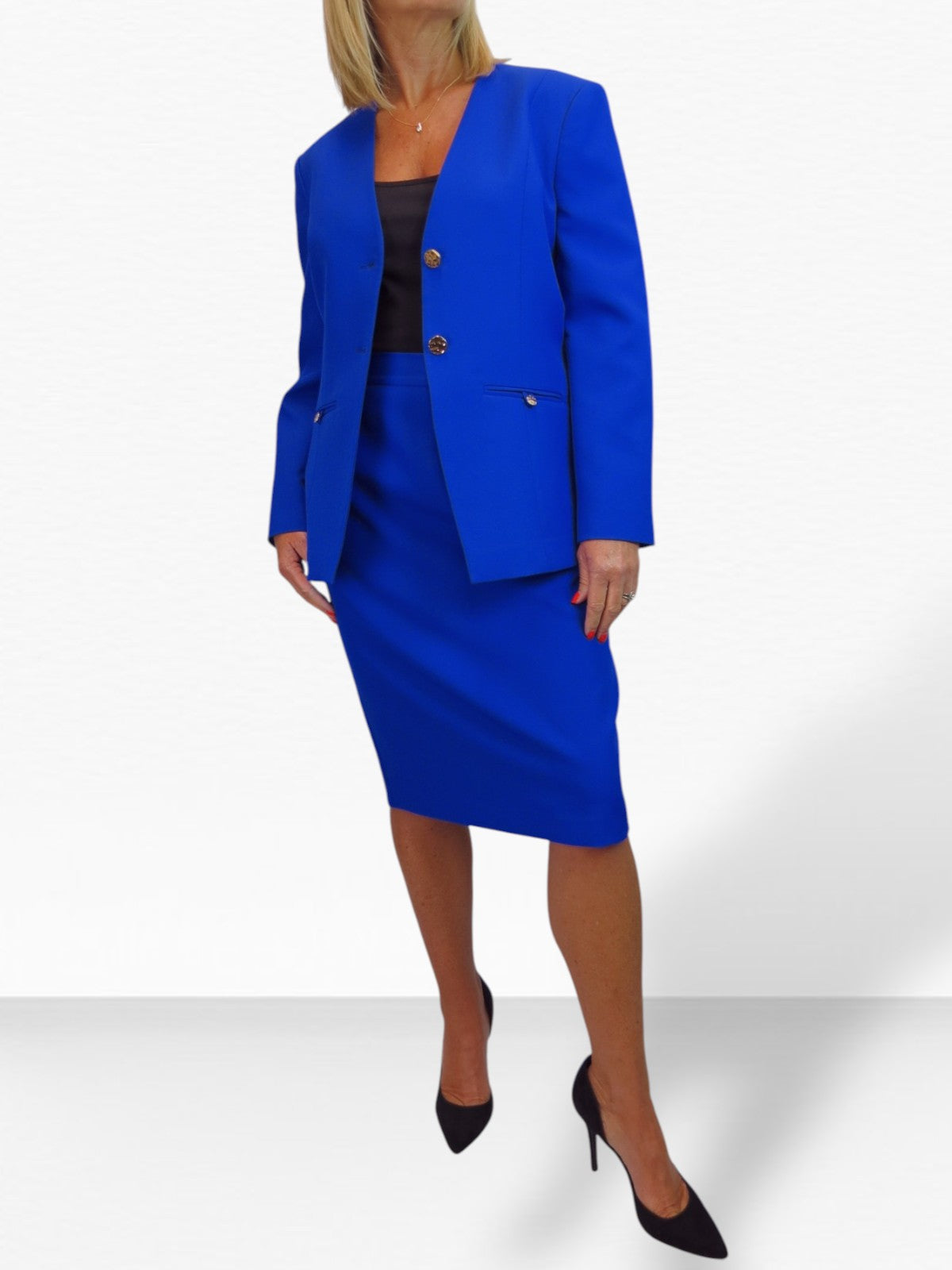 2 Piece V Neck Jacket and Midi Skirt Suit Royal Blue