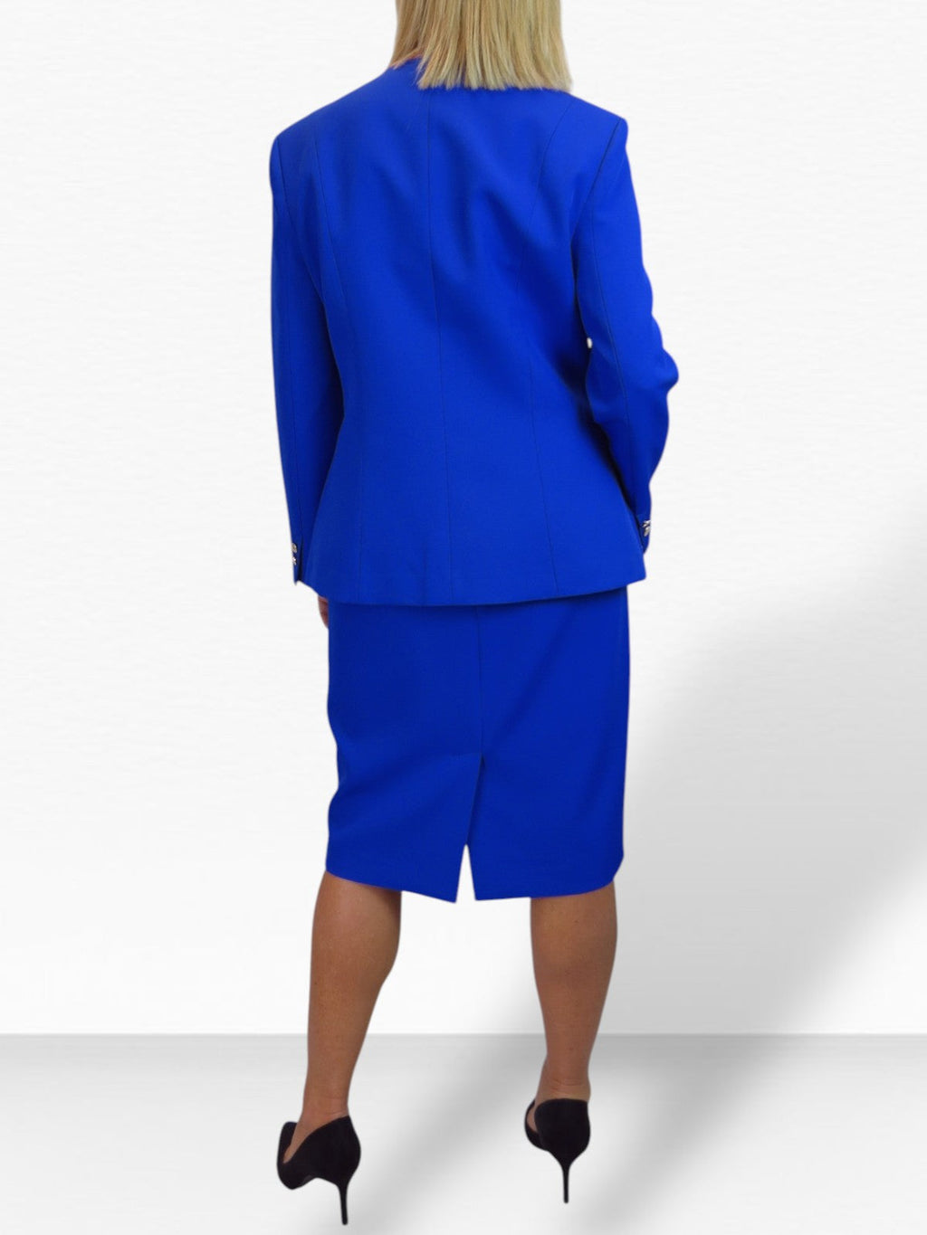 2 Piece V Neck Jacket and Midi Skirt Suit Royal Blue